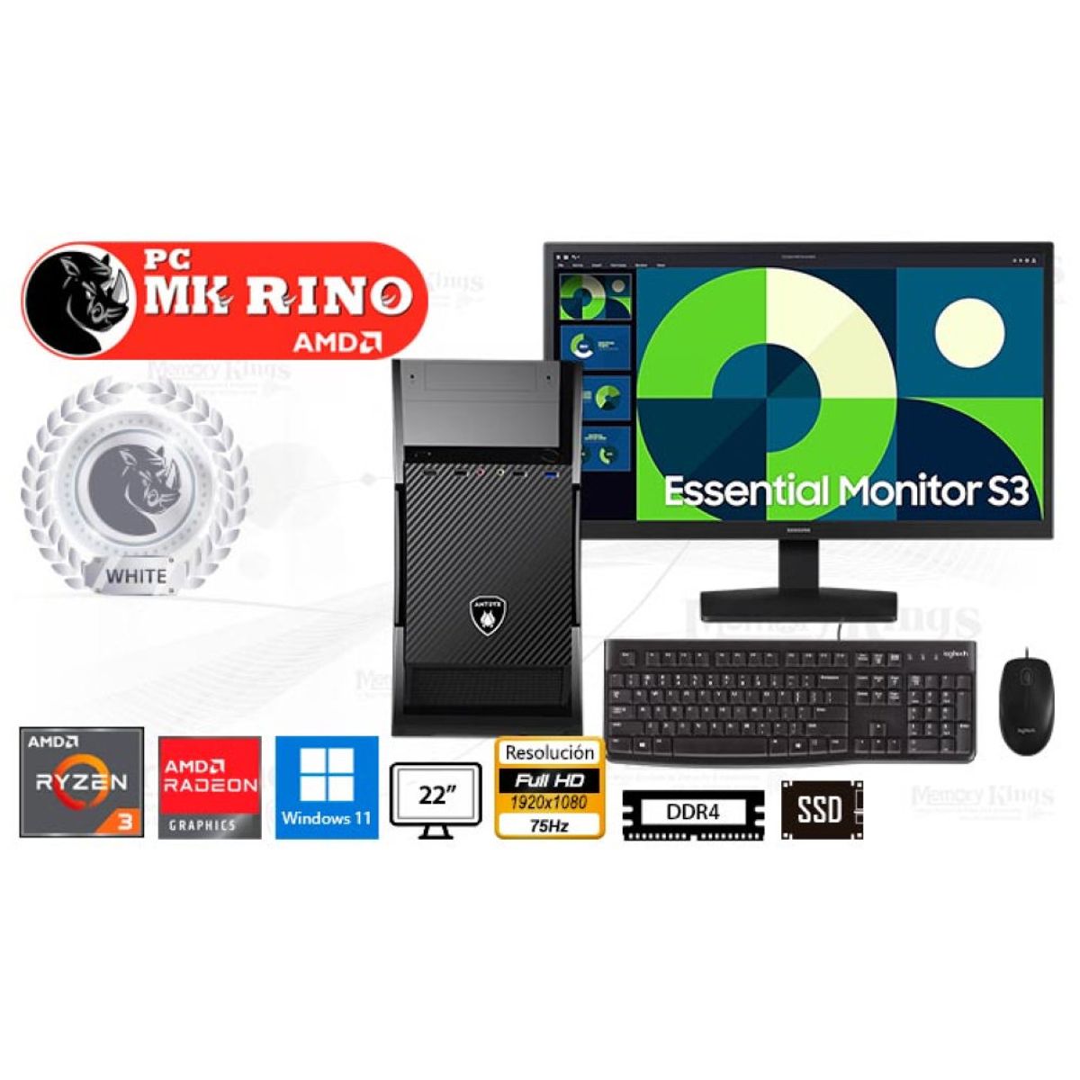 AMD - Computadora Enovu Ryzen 3 3200G Elegant 570M 8GB 500GB SSD 22" Radeon Graphics Windows 11 Pro