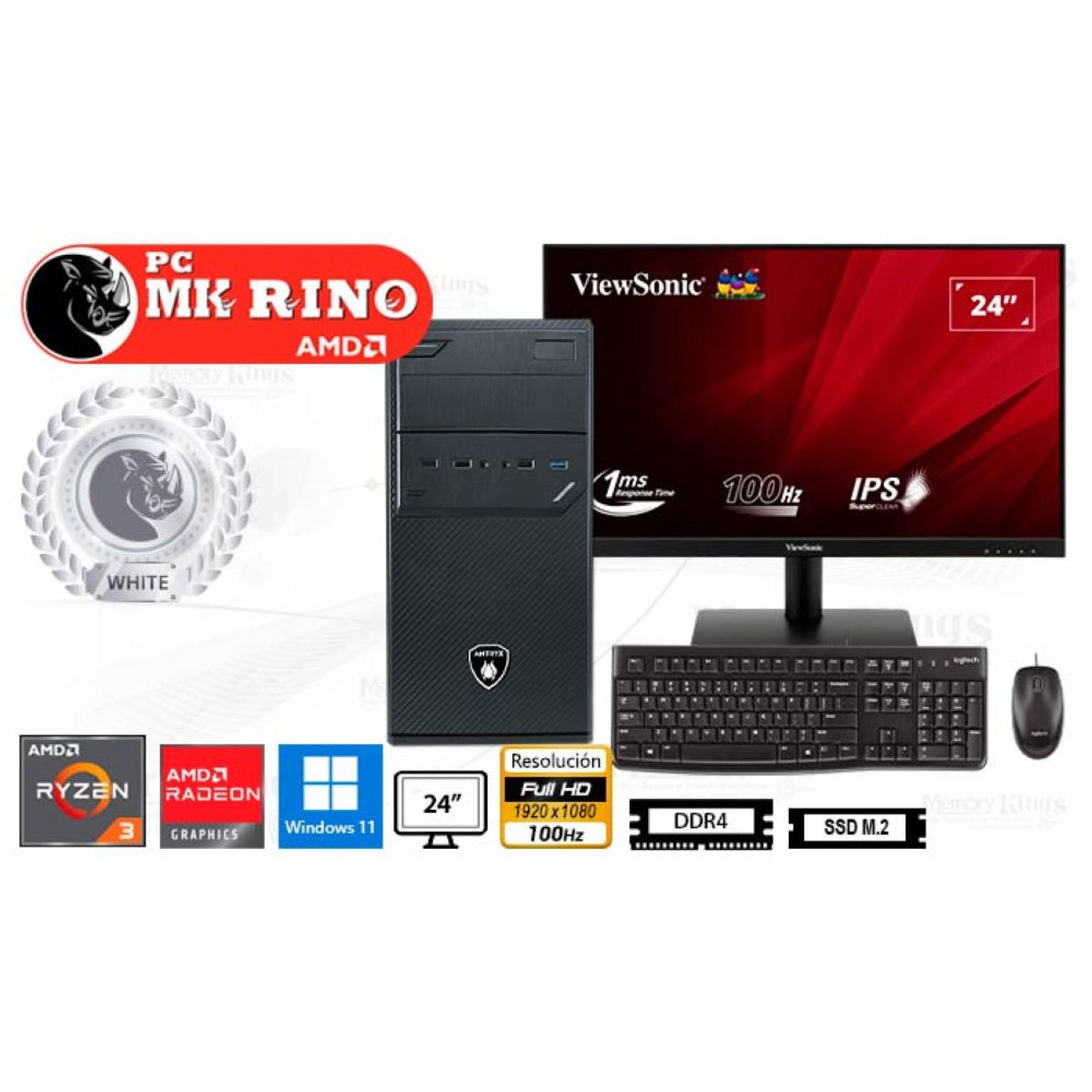 AMD - Computadora Enovu Ryzen 3 3200G Elegant 550M 8GB 500GB SSD 24" Radeon Graphics Windows 11 Pro