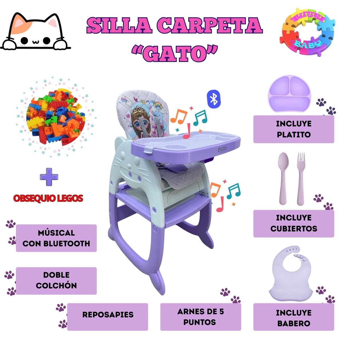 HI BABY - SILLA CARPETA RECLINABLE GATO 3 EN 1 MUSICAL CON BLUETOOTH - LILA