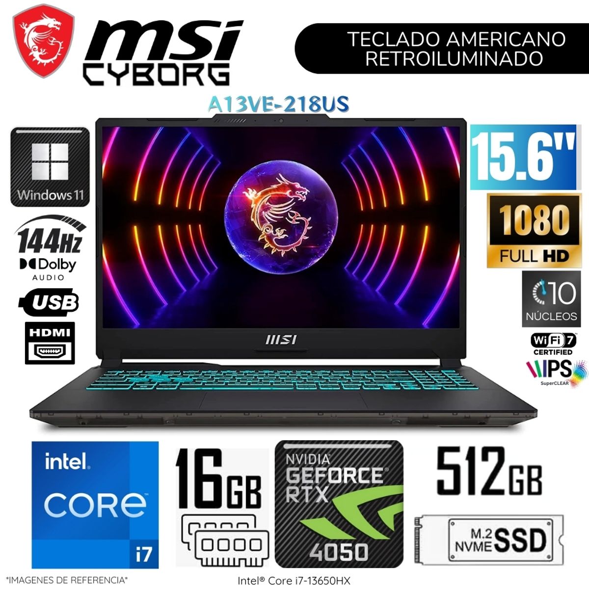 MSI - Laptop MSI Cyborg A13VE-218US Intel Core i7-13620H 16GB RAM 512GB SSD RTX4050-6GB 15.6"  Pulg. FHD WIND11
