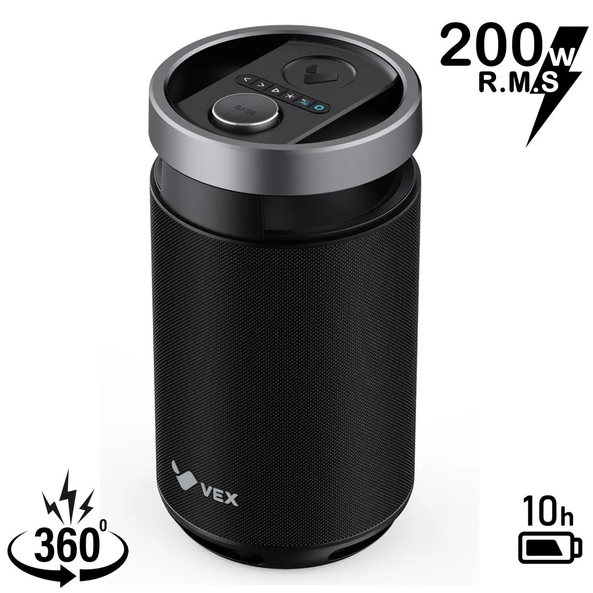 VEX - Parlante Bluetooth VEX Elite M1 200W IPX6 USB 10H 360° Negro