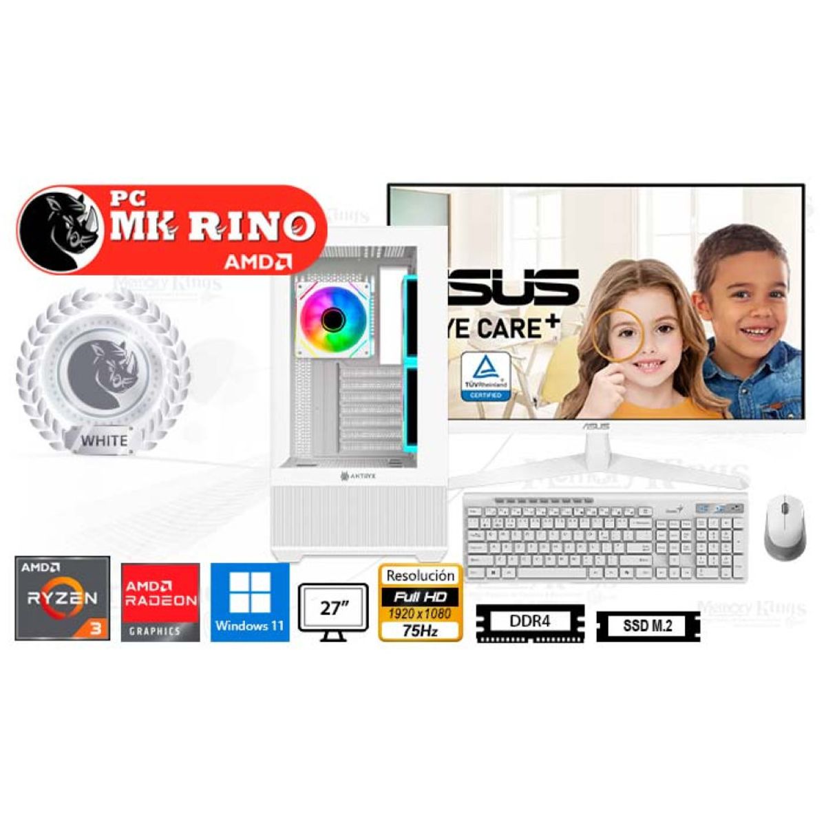 GENERICO - Computadora Enovu Ryzen 3 3200G FX-740 White 16GB 512GB SSD 27" Radeon Graphics Windows 11 Pro