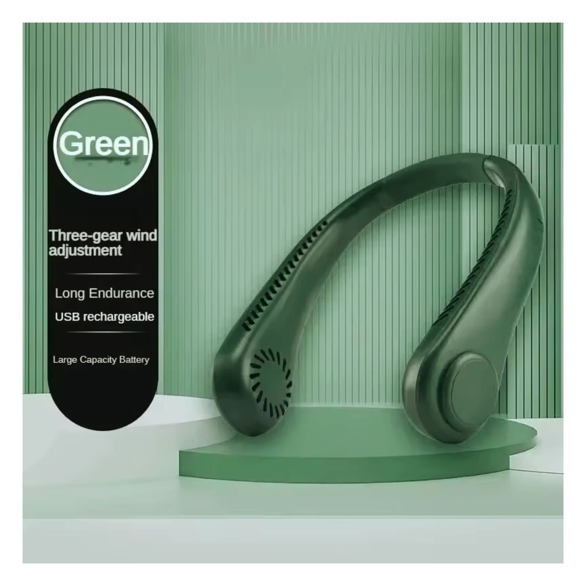 GENERICO - Ventilador de Cuello Recargable Portátil de 3 Velocidades - Verde