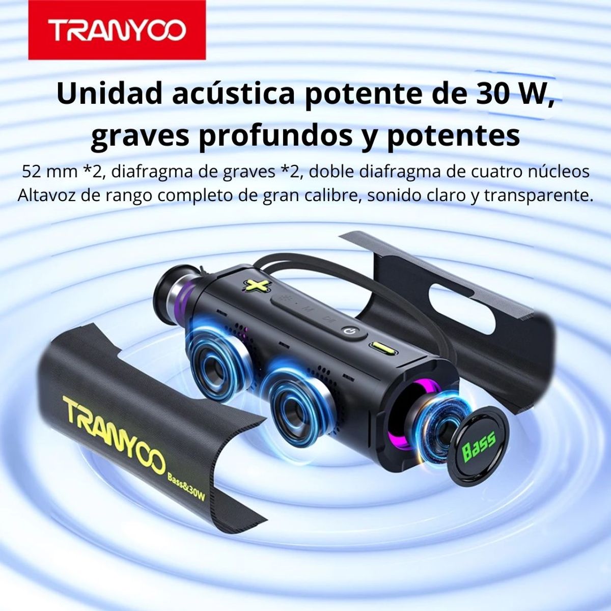 TRANYOO - Parlante Bluetooth Portátil 30W Potente con Luces RGB Graves Reforzados TWS y Manos Libres