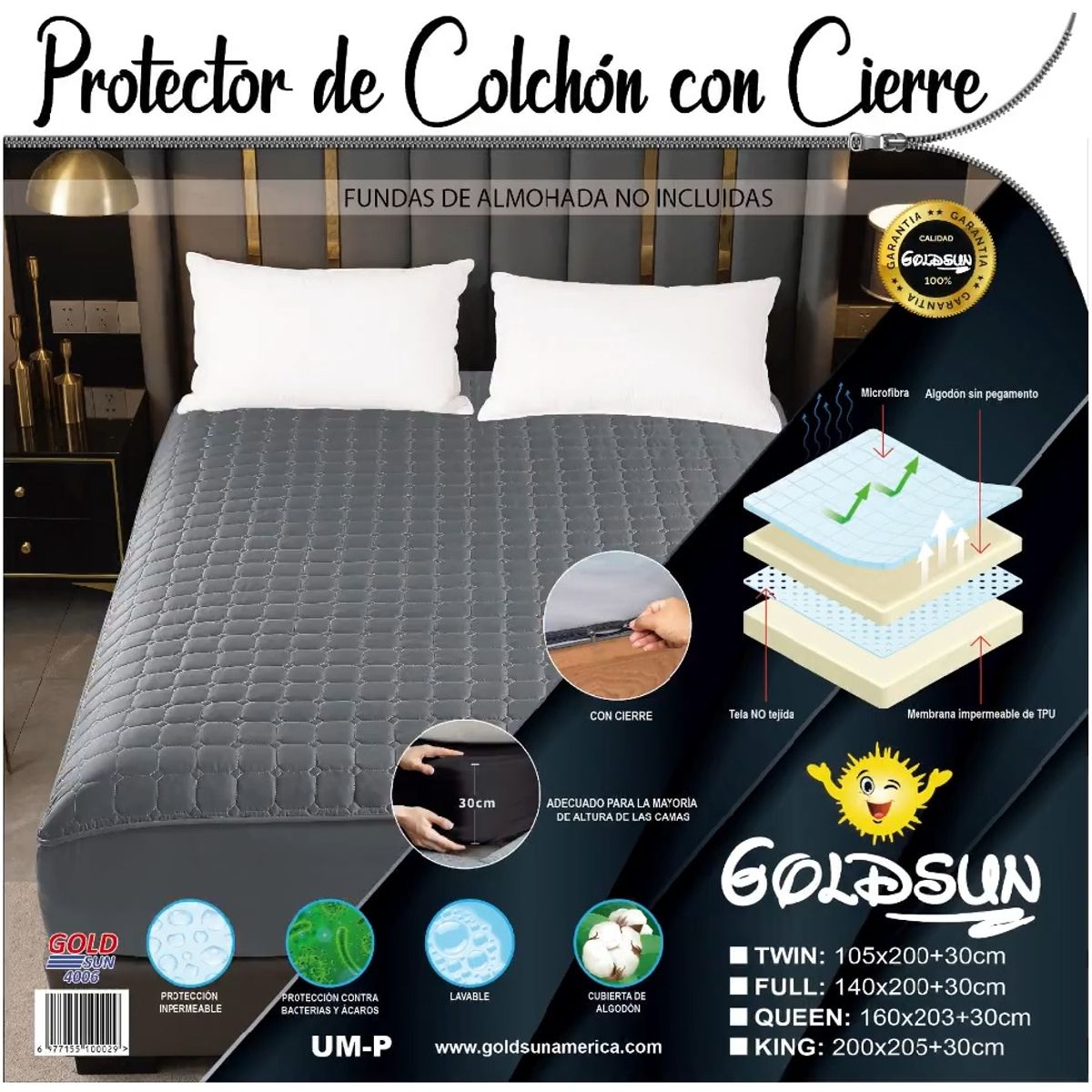 GENERICO - Protector de Colchon Queen Imperneable Gris Con Cierre