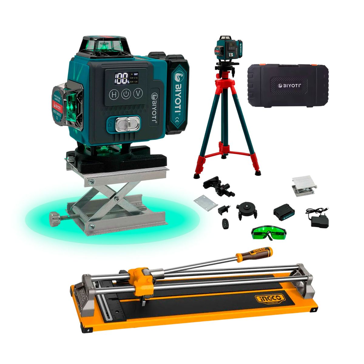 INGCO TOOLS - Combo Nivel Láser 360° + Trípode + Cortadora De Mayólica
