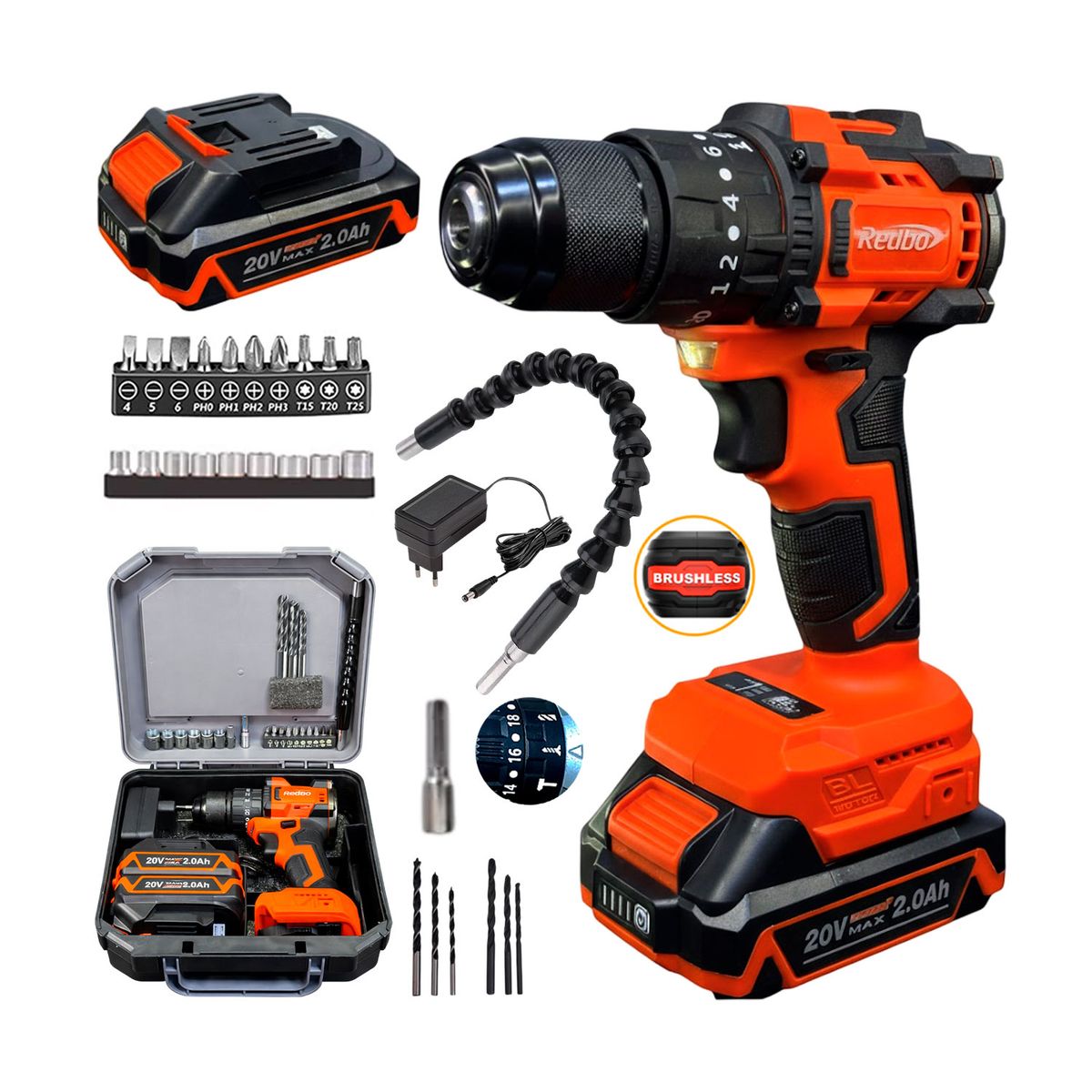 Taladro Redbo Percutor Inalámbrico 20v + 2 Bats + 27 Accs, marca REDBO - Foto Principal