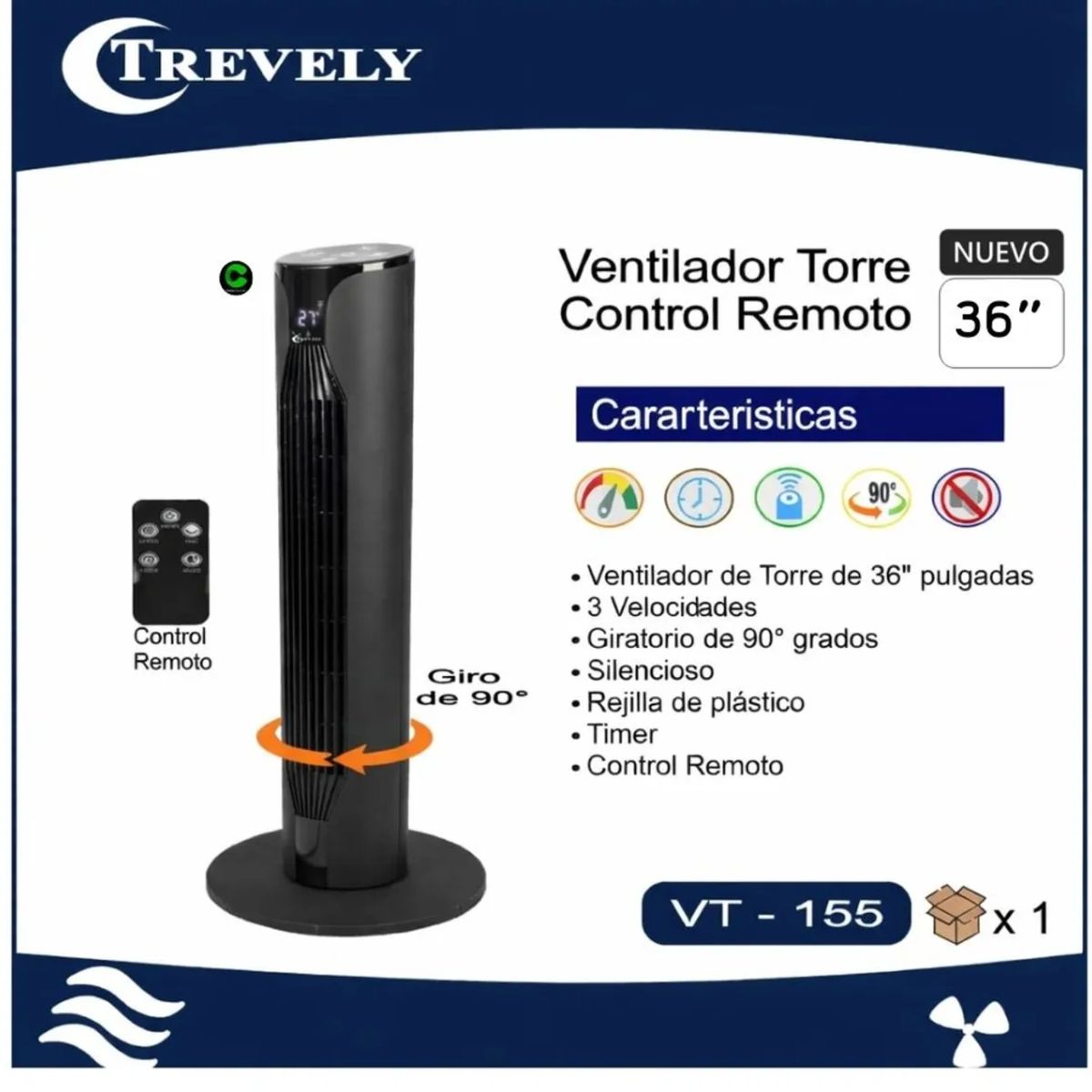 TREVELY - VENTILADOR DE TORRE TREVELY CON CONTROL REMOTO VT-155