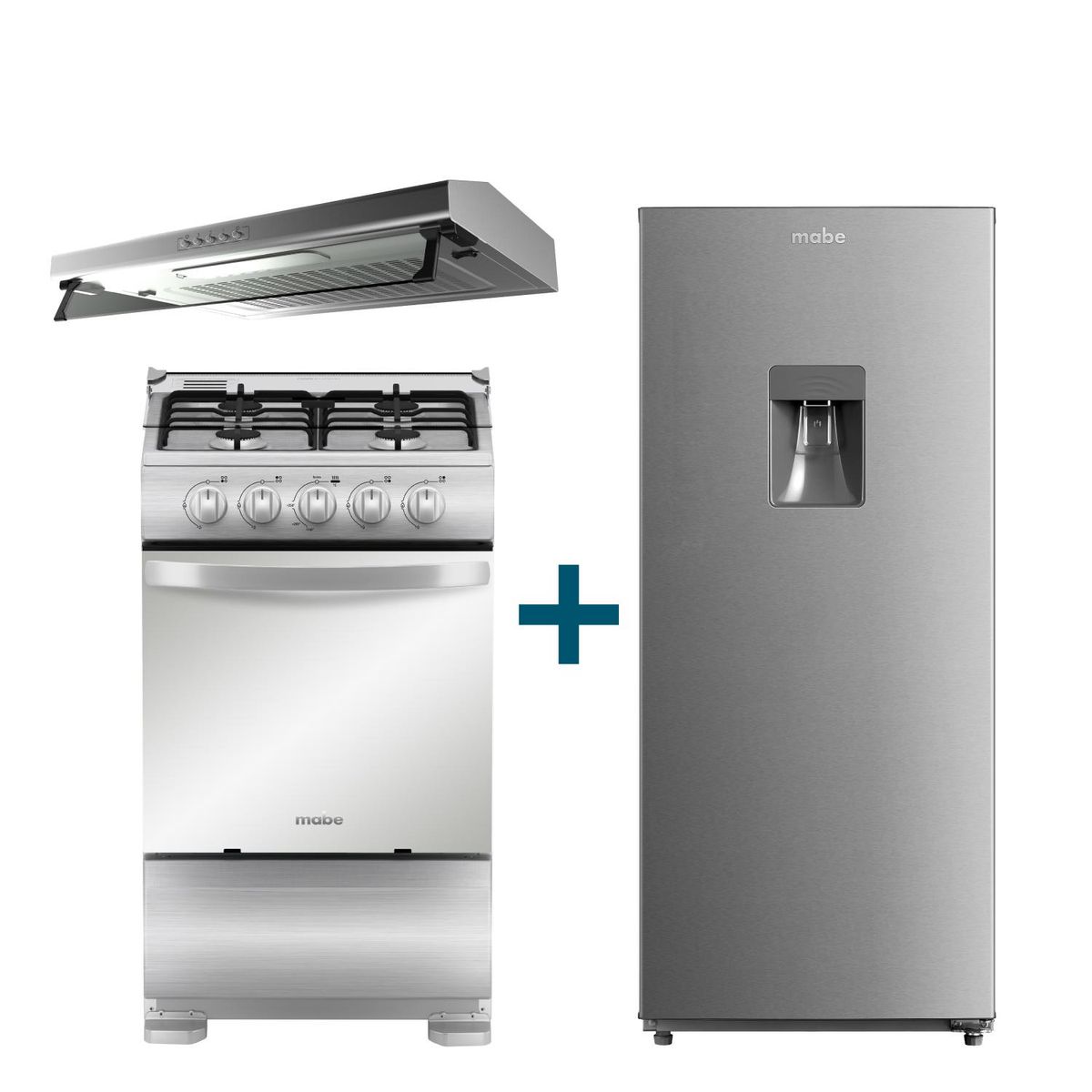 MABE - Combo Campana de pared Extractora  60cm CMU6020PI0 +Cocina de Piso a Gas 52 cm TX5110P2 +Refrigerador Monopuerta 187 L RMU202PXPRS1 mabe