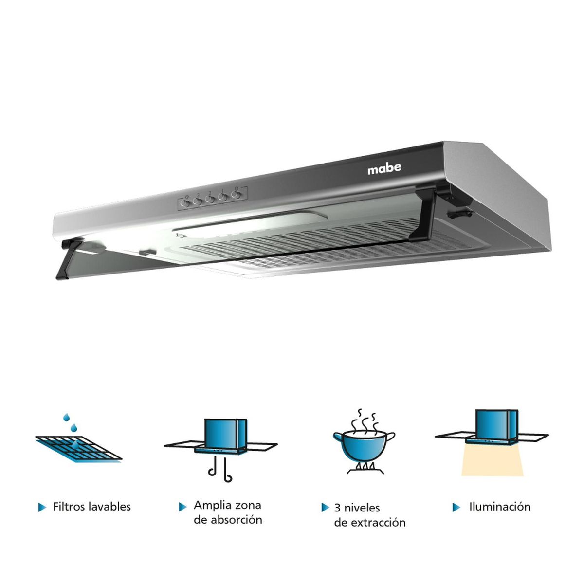MABE - Combo Campana de pared Extractora  60cm CMU6020PI0 +Cocina de Piso a Gas 52 cm TX5110P2 +Refrigerador Monopuerta 187 L RMU202PXPRS1 mabe