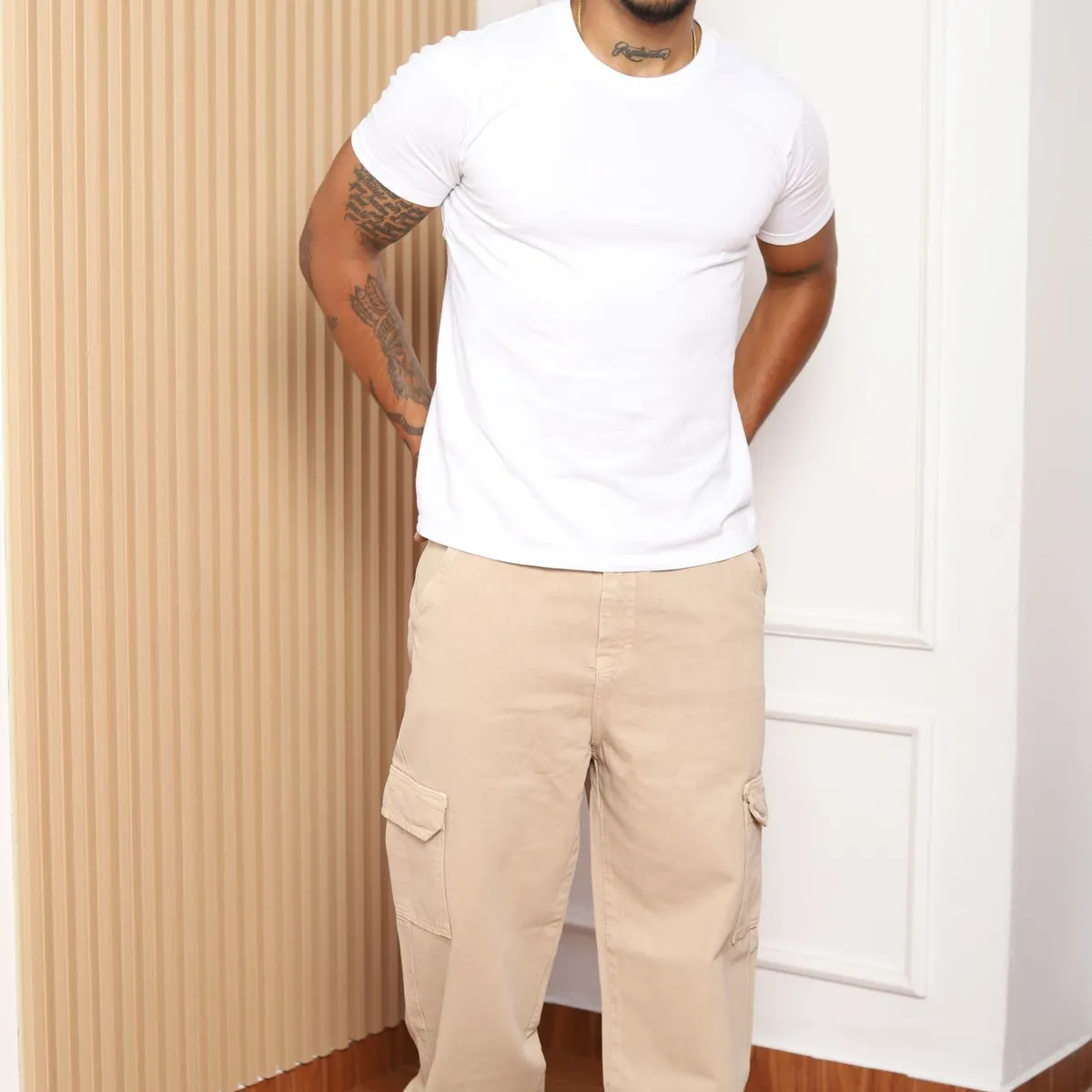 QH - Pantalón Baggy Cargo Hombre  Denim 100% Algodón