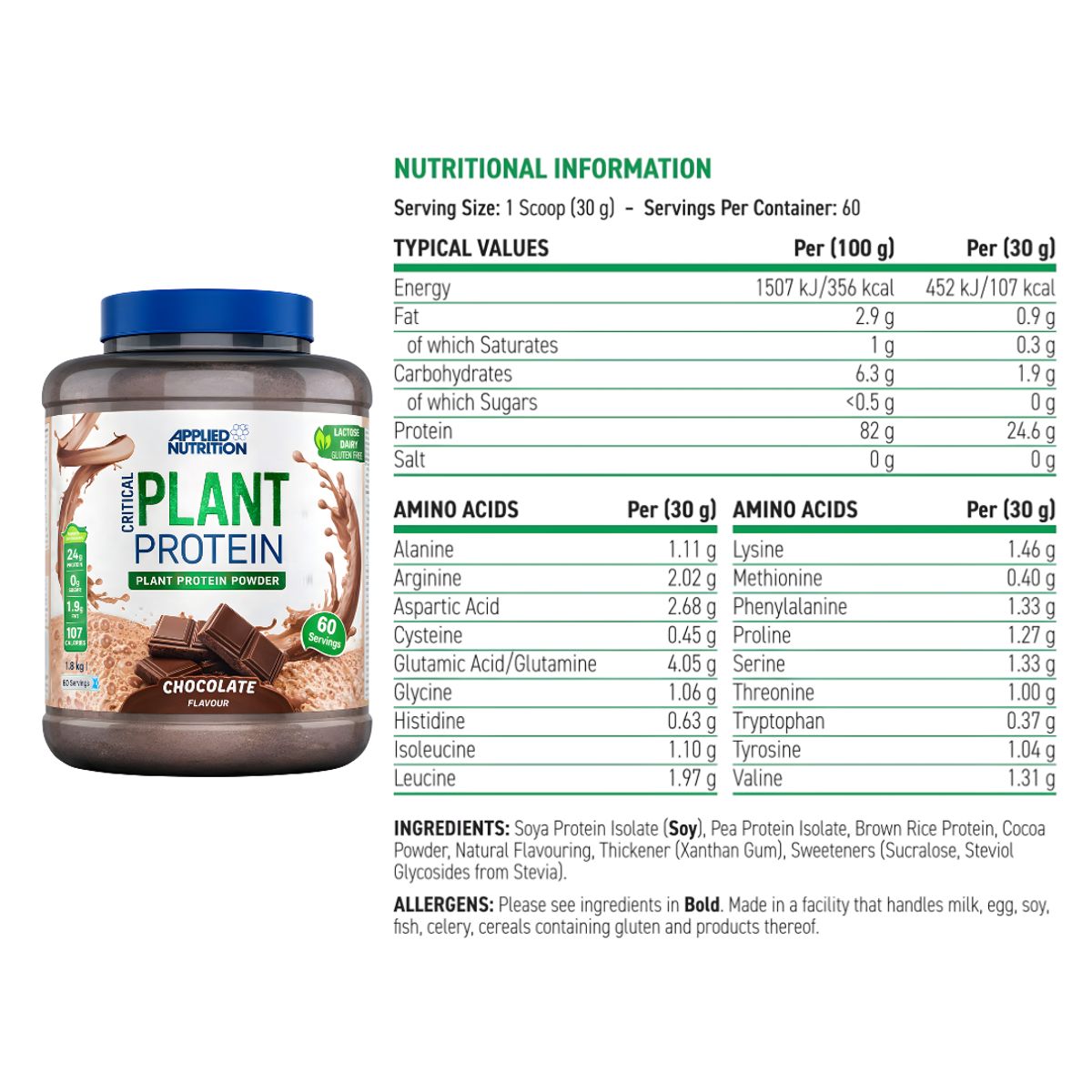 Applied Nutrition - Critical Plant Protein - Proteina Vegana 1.8 kg - Chocolate + Creatina Applied Nutrition 250 g + Shaker