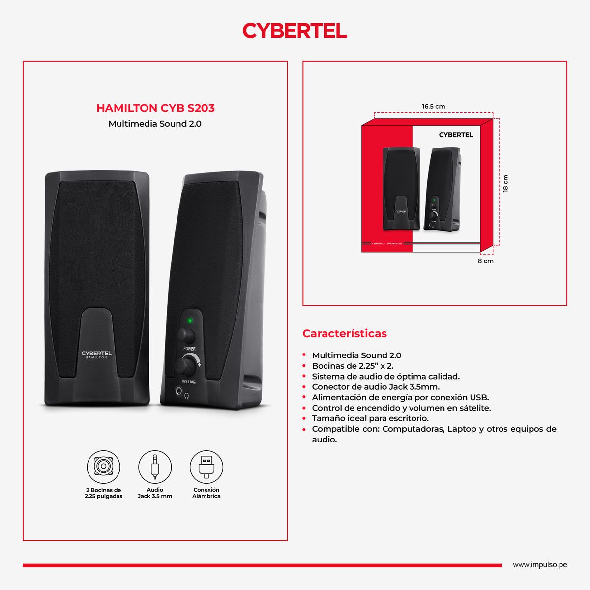 Parlante Usb para PC Negro Cybertel Hamilton - CYB S203, marca CYBERTEL - Foto Principal