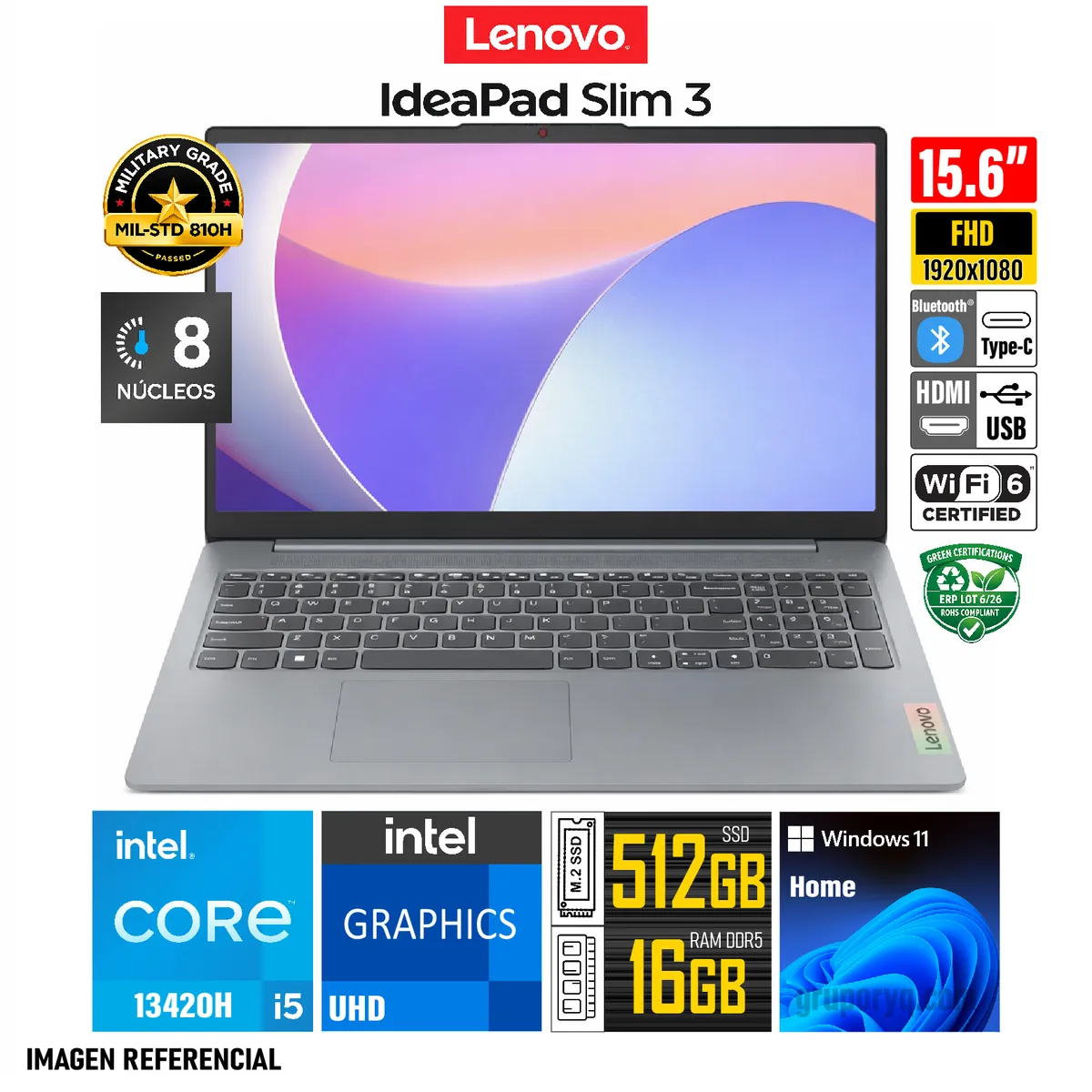 LENOVO - Laptop Lenovo IdeaPad Slim 3 15IAH8 (15.6″ FHD) con Intel Core i5, 16 GB RAM y 512 GB SSD