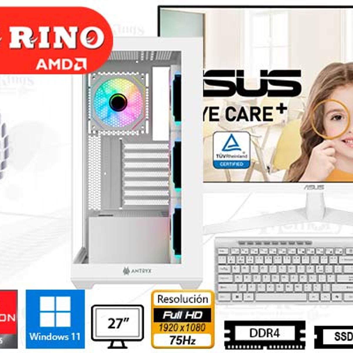AMD - Computadora Enovu Ryzen 7 5700G FX-750 White 16GB 512GB SSD 27" Radeon Graphics Windows 11 Pro
