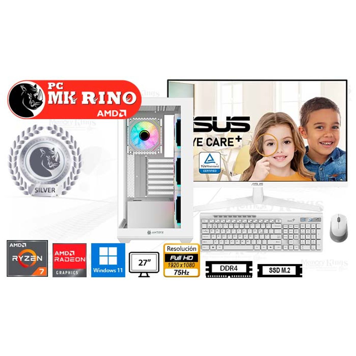 AMD - Computadora Enovu Ryzen 7 5700G FX-750 White 16GB 512GB SSD 27" Radeon Graphics Windows 11 Pro