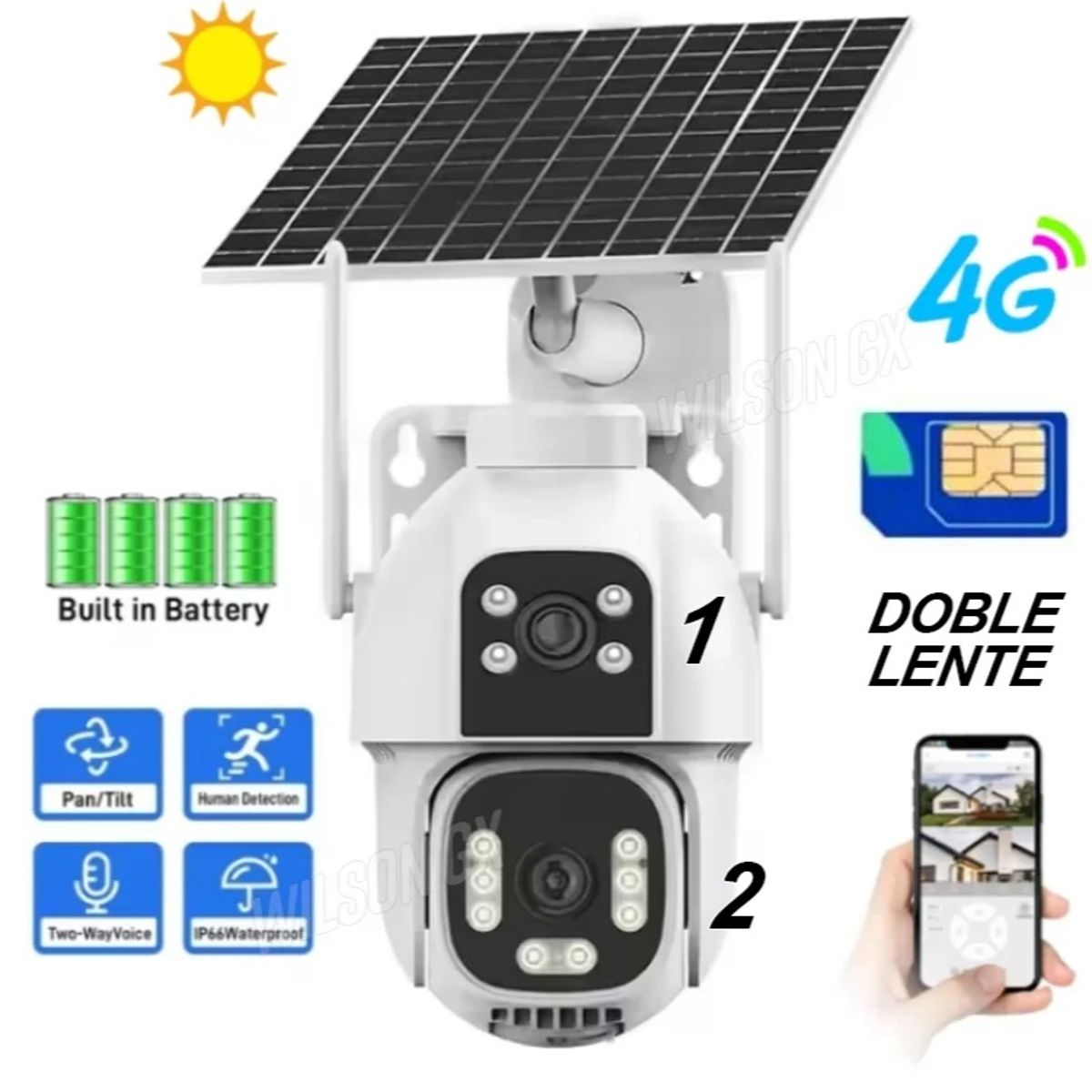 GENERICO - Cámara Seguridad Solar 4G con Chip + WiFi HiEasy IP65 PTZ 360° Full HD Doble Lente 10X y Sirena