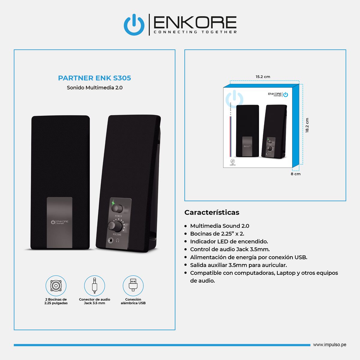 ENKORE - Parlante Usb para PC con Led de encendido Negro Enkore Partner - ENK S305