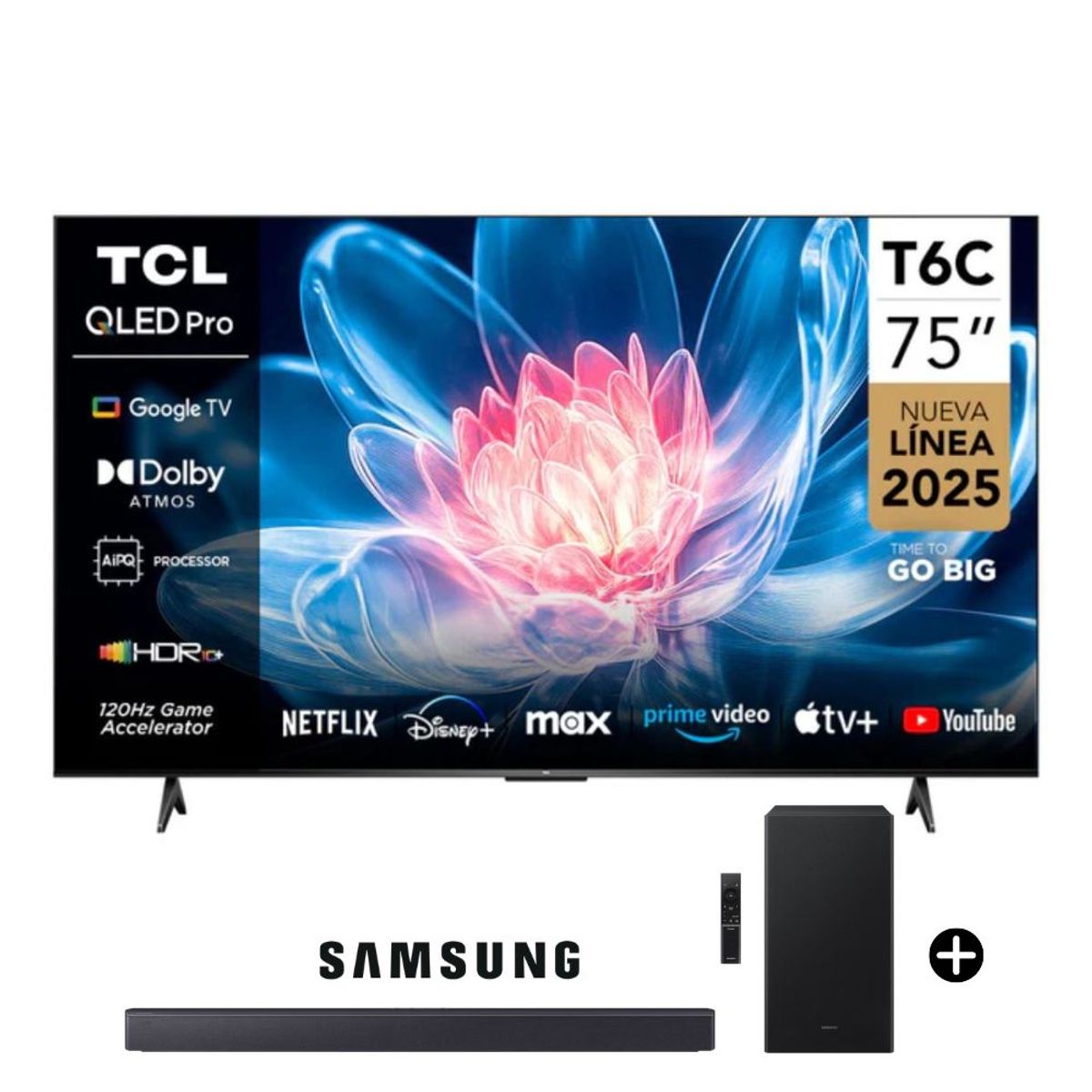 TCL - Televisor TCL QLED 75 UHD 4K Smart TV 75T6C- GOOGLE TV+Soundbar Samsung  B450F