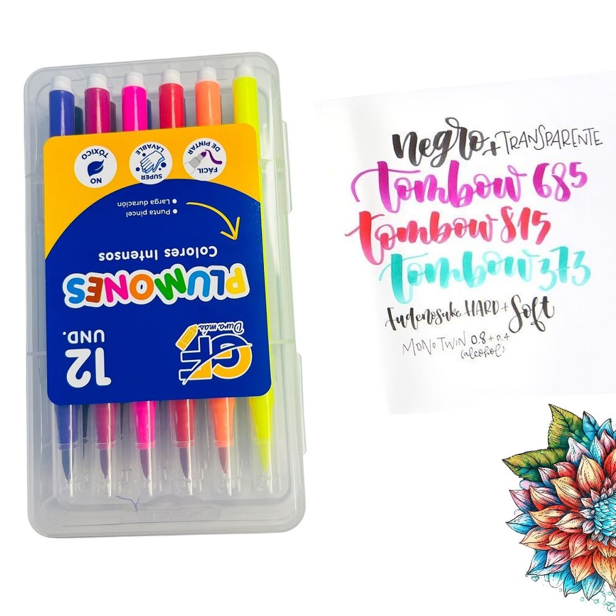 GENERICO - Set de 12 Plumones punta pincel coloridos