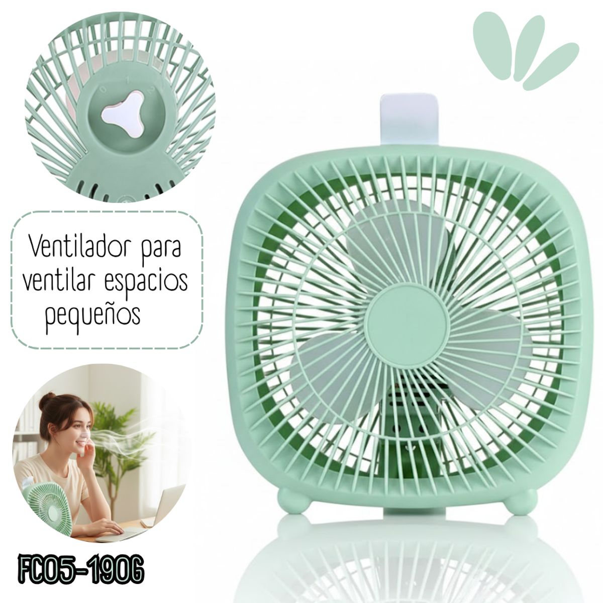 GENERICO - Ventilador de escritorio Cuadrado - Verde