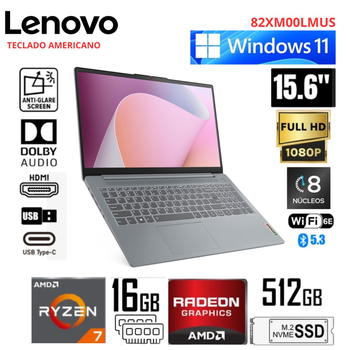 LENOVO - LENOVO IDEAPAD SLIM 3 15ABR8  AMD RYZEN 7 5825U 512GB SSD 16GB 15.6 FHD  WIN 11 - 82XM00LMUS
