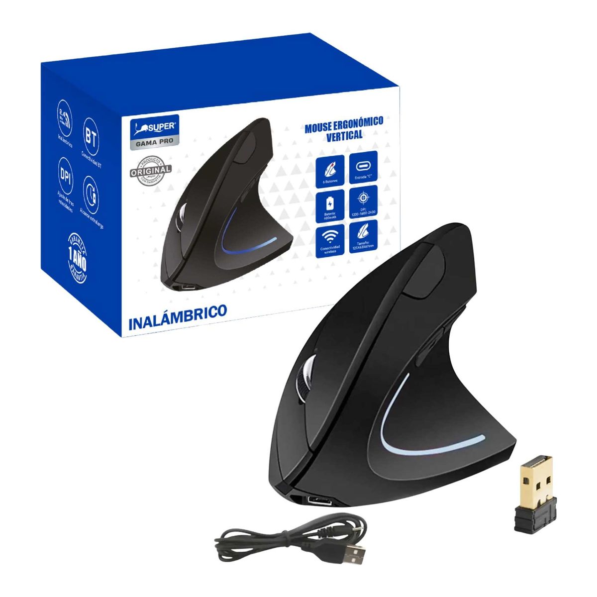 SEISA - Mouse Ergonómico Vertical Inalámbrico Recargable para PC Laptop USB 2400  DPI