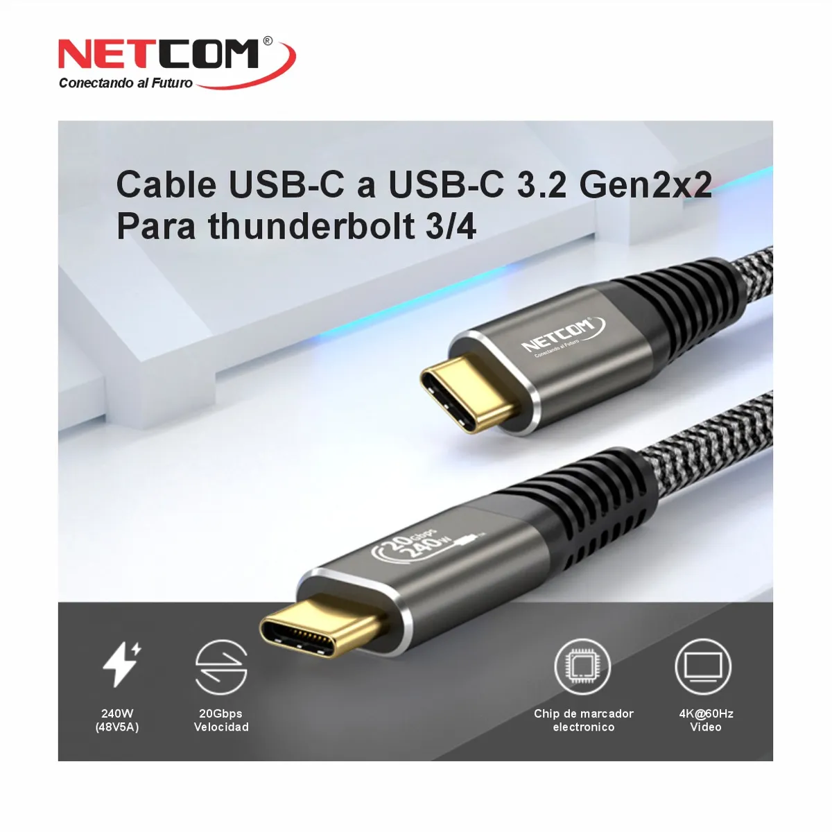 GENERICO - CABLE USB-C a USB-C 3.2 Gen2x2 DE 3 MTS PD240W CARGA, DATOS 20Gbps  & VIDEO UHD 4K@60Hz  - NETCOM