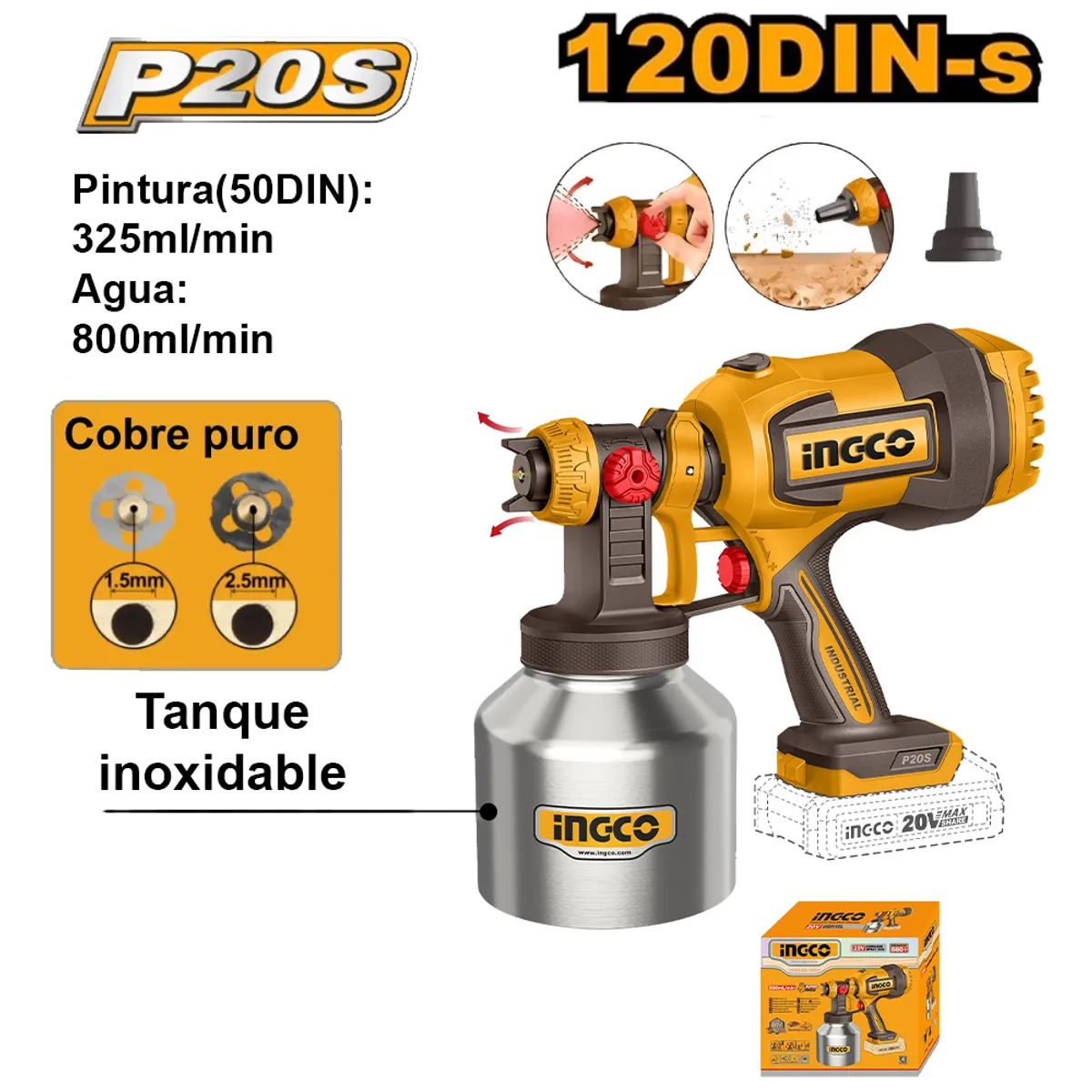 INGCO TOOLS - PISTOLA PARA PINTAR TANQUE INOXIDABLE INGCO 20V 800MLMIN 120DIN-S CSGLI20041
