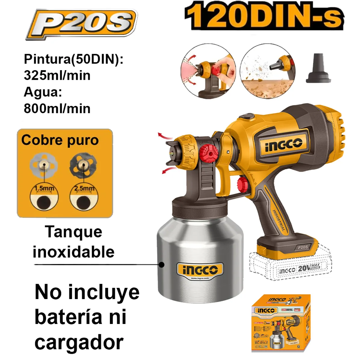 INGCO TOOLS - PISTOLA PARA PINTAR TANQUE INOXIDABLE INGCO 20V 800MLMIN 120DIN-S CSGLI20041