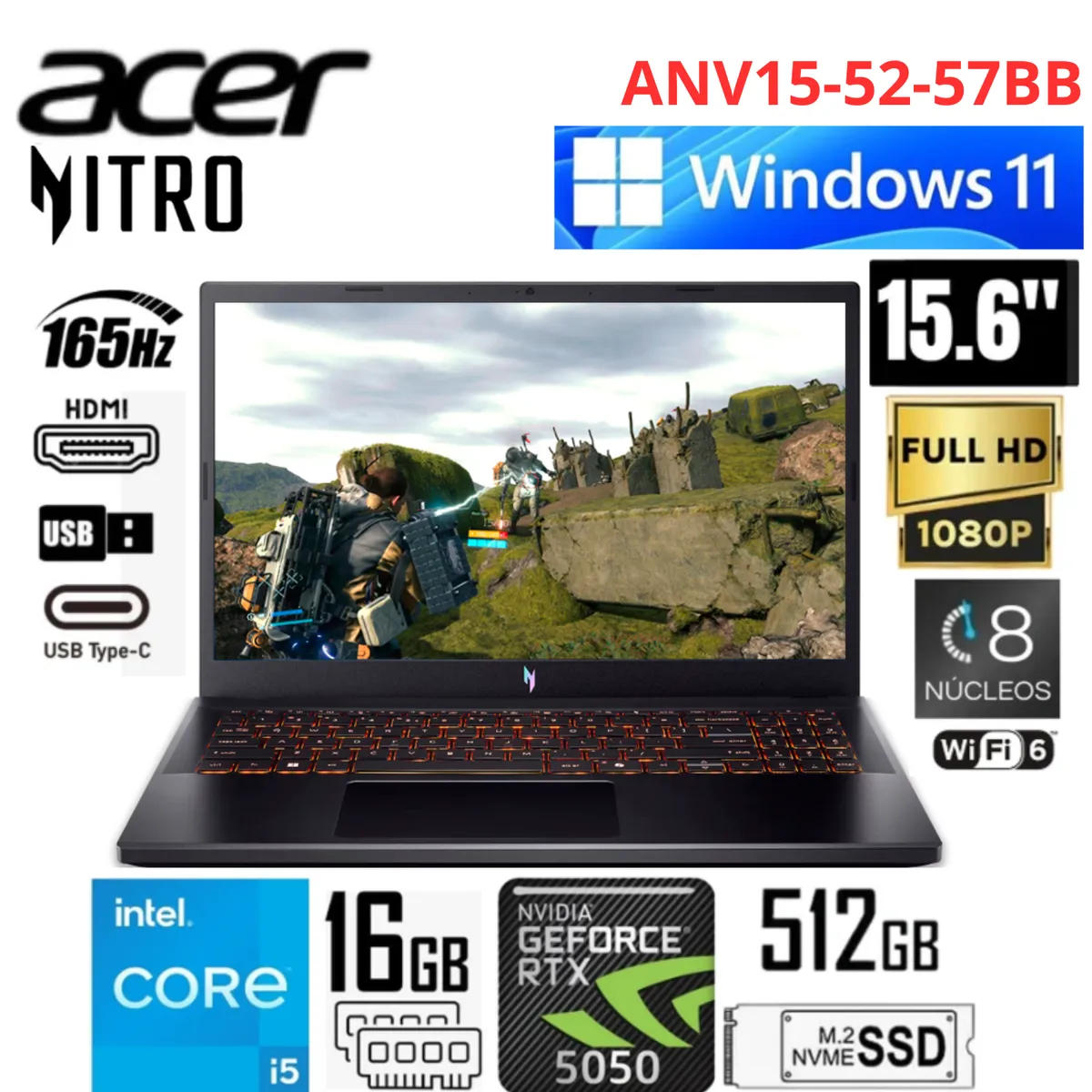 ACER - Laptop Acer Nitro ANV15-52-57BB Intel Core i5-13420H 16GB RAM 512GB SSD RTX5050-8GB 156 FHD WIN11