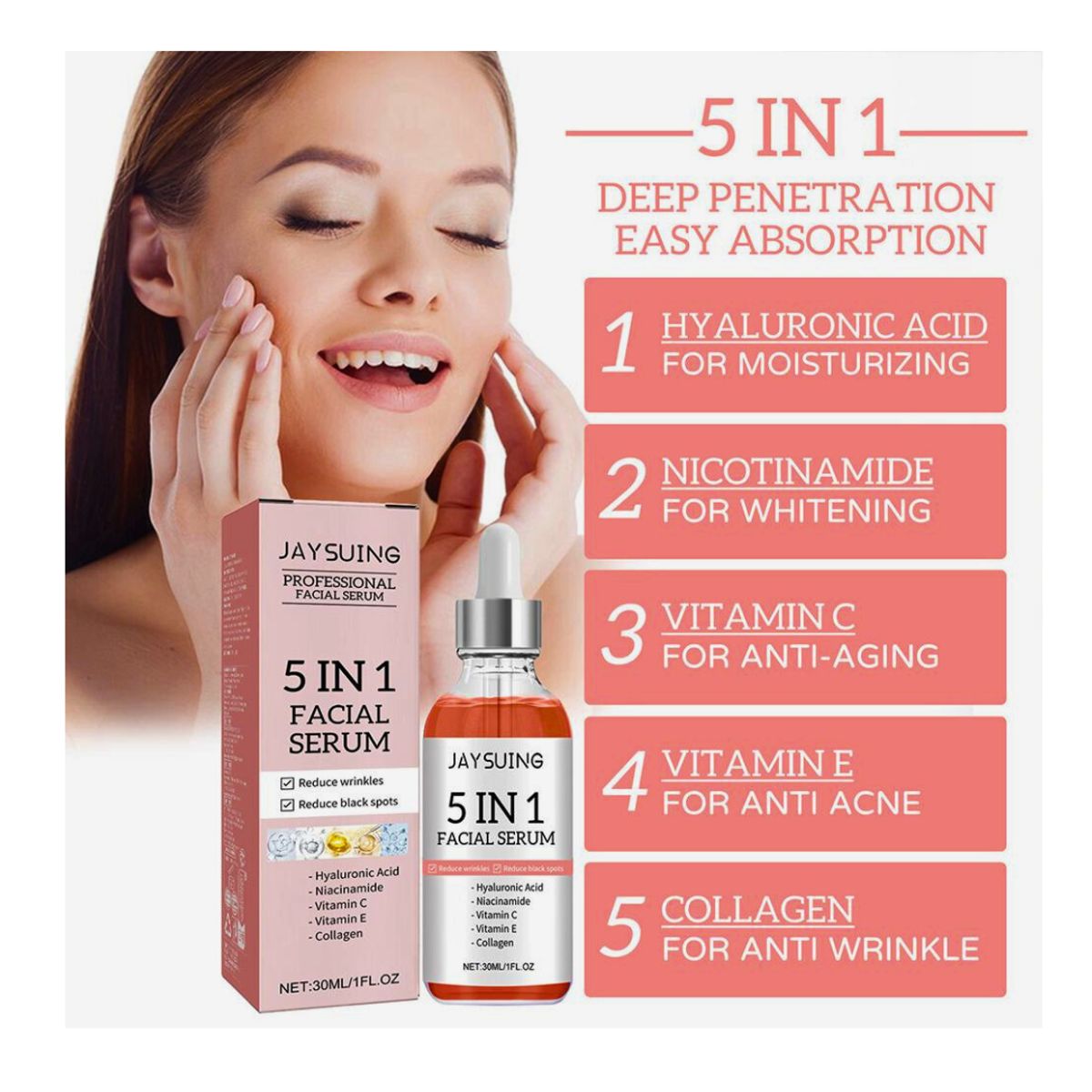 GENERICO - Jaysuing Serum Facial Limpieza Rostro 30ml 5 en 1 Hidratante Acido Hialuronico Colageno