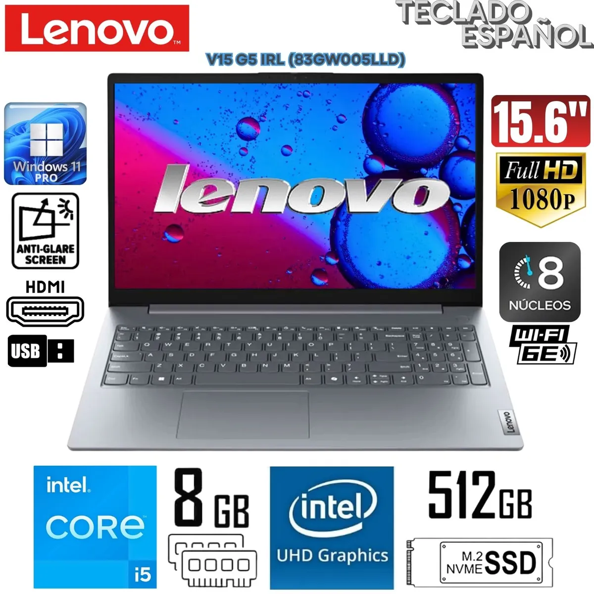 LENOVO - Laptop Lenovo V15 G5 IRL Intel Core i5-13420H 8GB RAM 512GB SSD 156 FHD Win11- 83GW005LLD