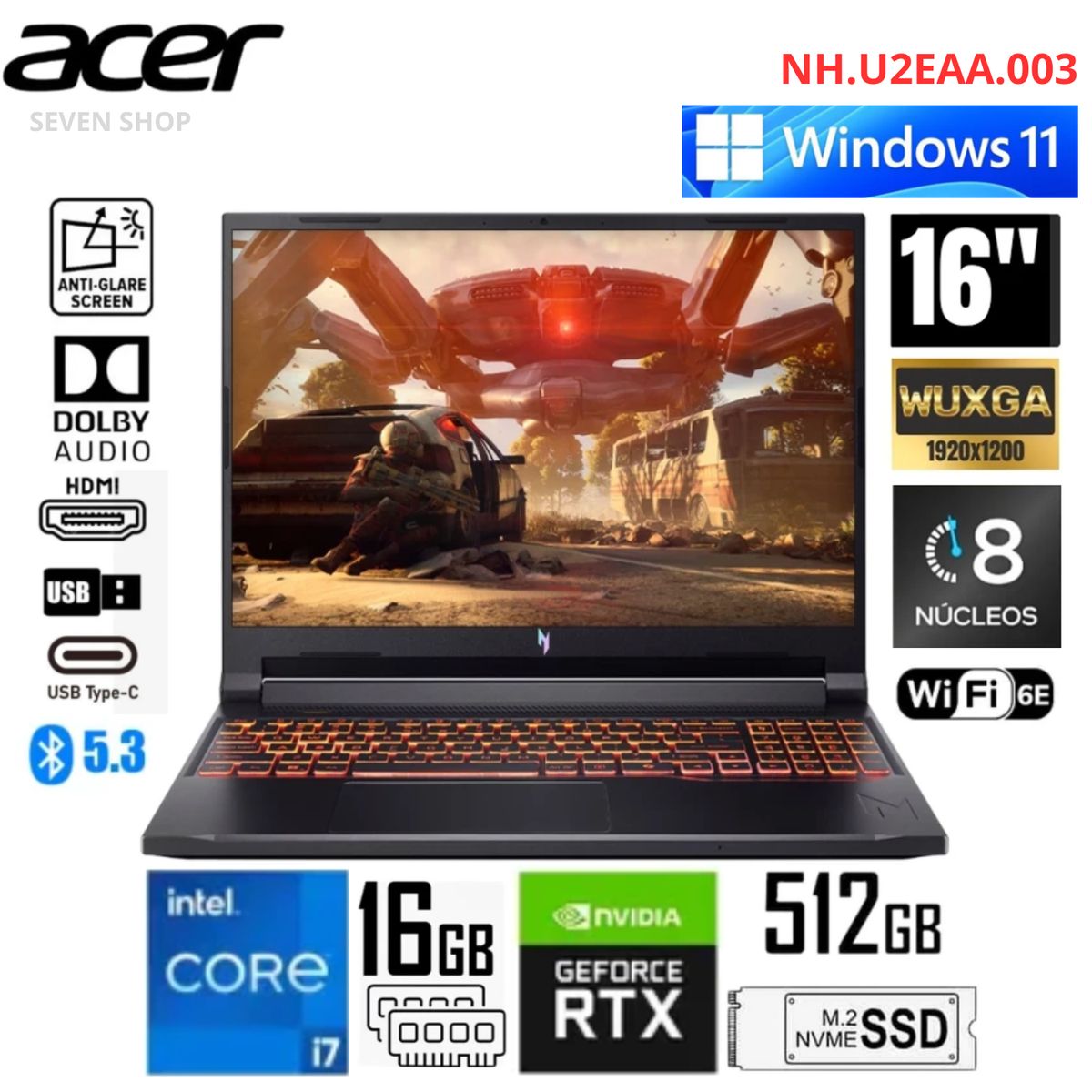 ACER - ACER NITRO V ANV16-72-7809 GAMING Core i7  240H, 512GB 32GB 16"WUXGA  RTX 5060