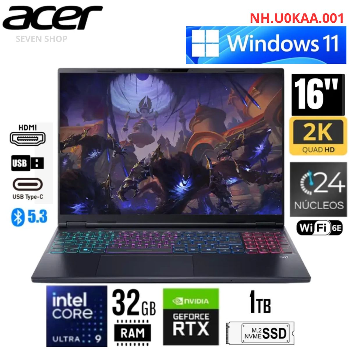 ACER PREDATOR HELIOS  PHN16S-71-98RF GAMING  Core Ultra 9 275HX 1TB  32GB 16" 240Hz WIN11  RTX 5070Ti, marca ACER - Foto Principal