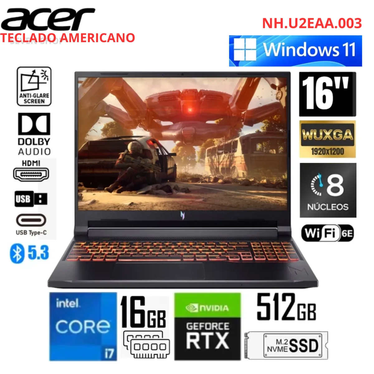 ACER - ACER NITRO V ANV16-72-7809 GAMING Core i7  240H, 512GB 32GB 16"WUXGA  RTX 5060