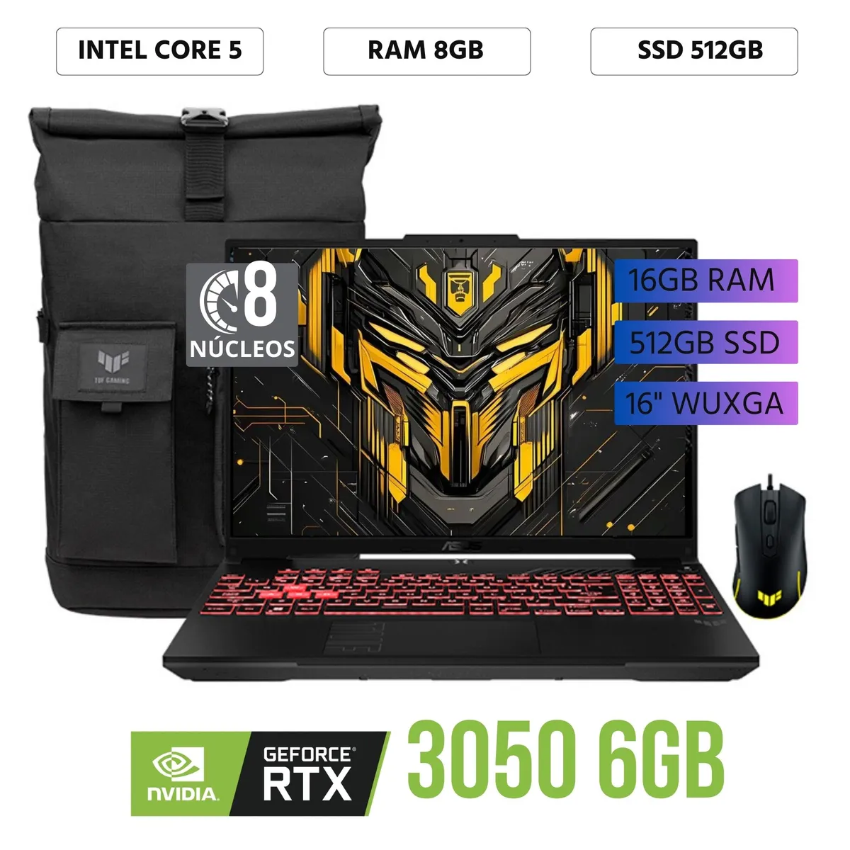 ASUS - Laptop Asus TUF Gaming F16 Intel Core 5 - 210H, 16"WUXGA, Ram 8GB, 512GB SSD,RTX 3050 6Gb, FreeDos