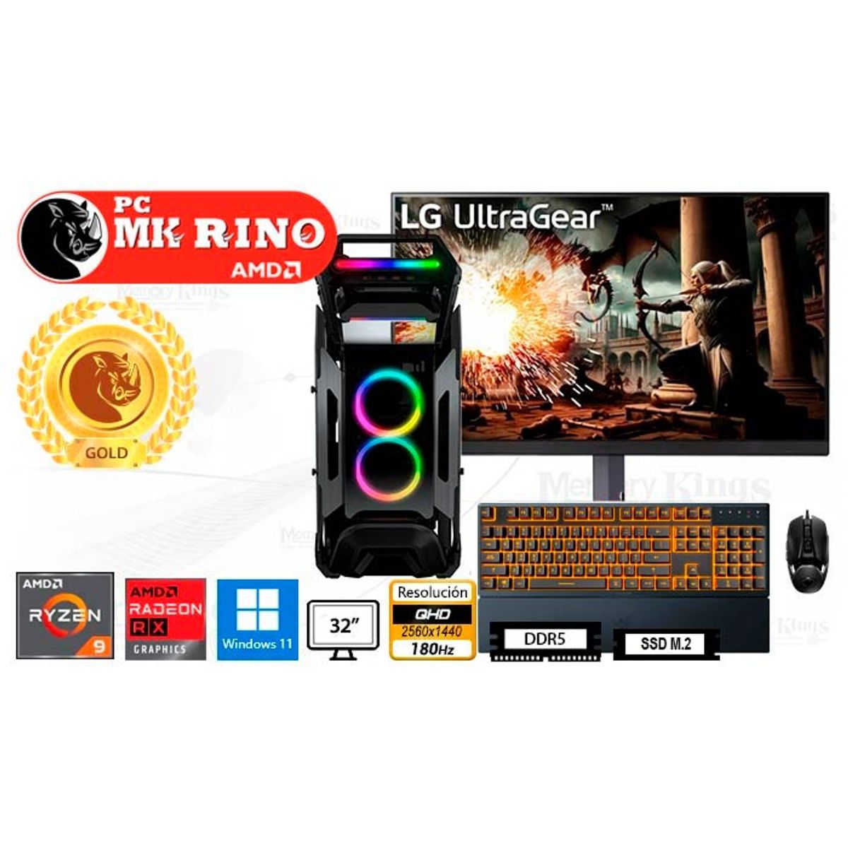 AMD - Computadora Enovu Ryzen 9 7900 Cratus 32GB 1TB SSD 32" RX 9060 XT 16GB Windows 11 Pro