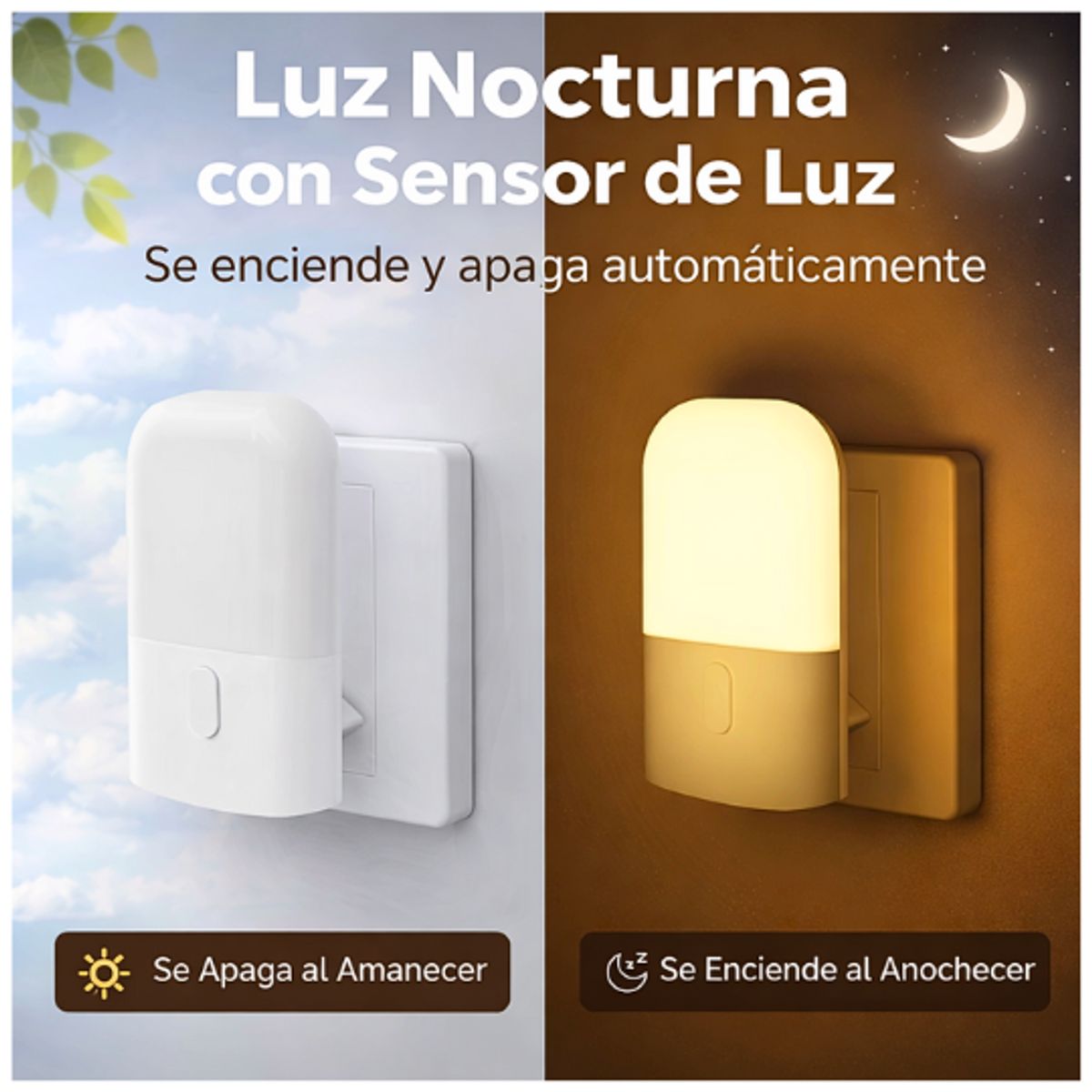 GENERICO - Luz Nocturna LED con Sensor Ajustable de Enchufe con 4 Niveles de Brillo y Luz Cálida