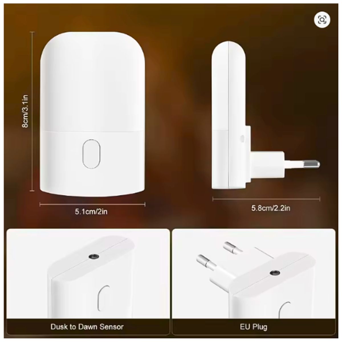 GENERICO - Luz Nocturna LED con Sensor Ajustable de Enchufe con 4 Niveles de Brillo y Luz Cálida