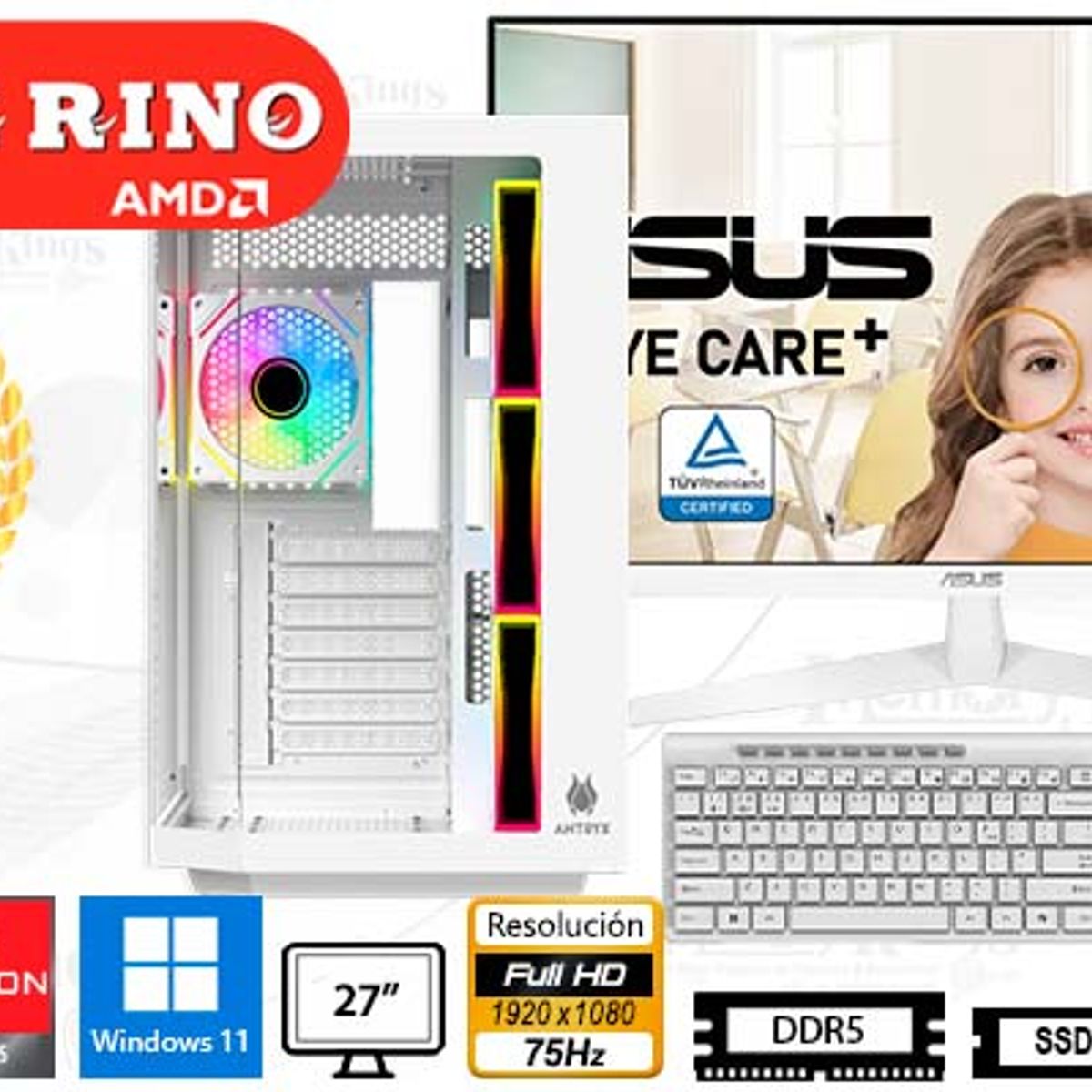 AMD - Computadora Enovu Ryzen 9 7900X FX-830 White 16GB 512GB SSD 27" Radeon Graphics Windows 11 Pro