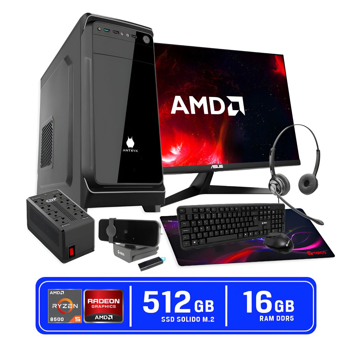 AMD - Computadora PC AMD Ryzen 5 8500G Monitor ASUS 24" FHD RAM 16GB SSD 512GB + KIT COMPLETO