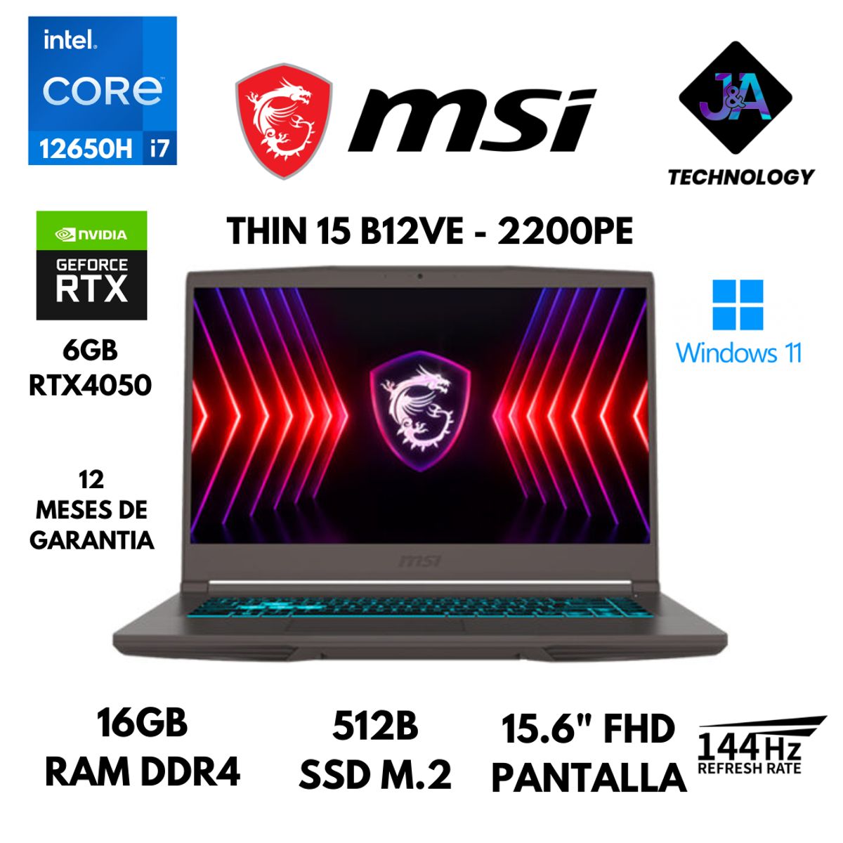 MSI - LAPTOP MSI THIN 15 B12VE CORE I7 12650H 16GB RAM 512GB SSD 6GB RTX4050 15.6" FHD WIN 11 LATINA