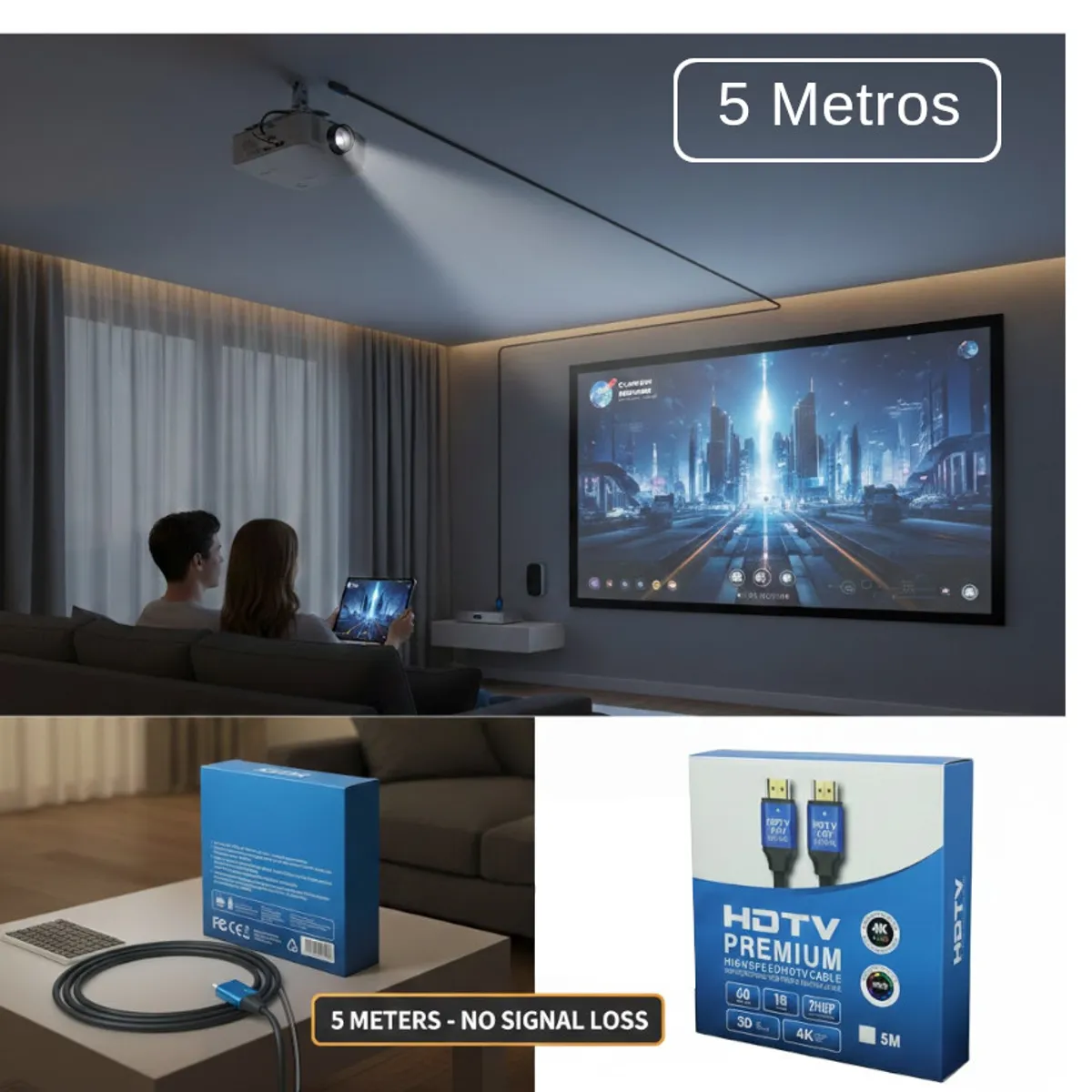 GENERICO - Cable HDMI Extra Largo Azul  5 mts 4K 60hz 3D FULL HD Ultra 3D Premiun