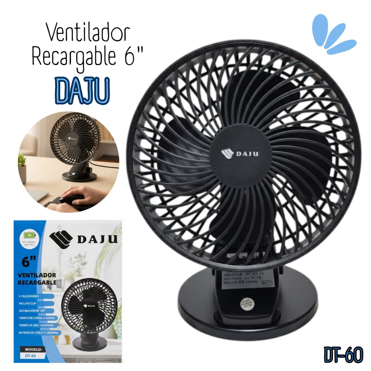 GENERICO - Ventilador Recargable DAJU 6 DT-60