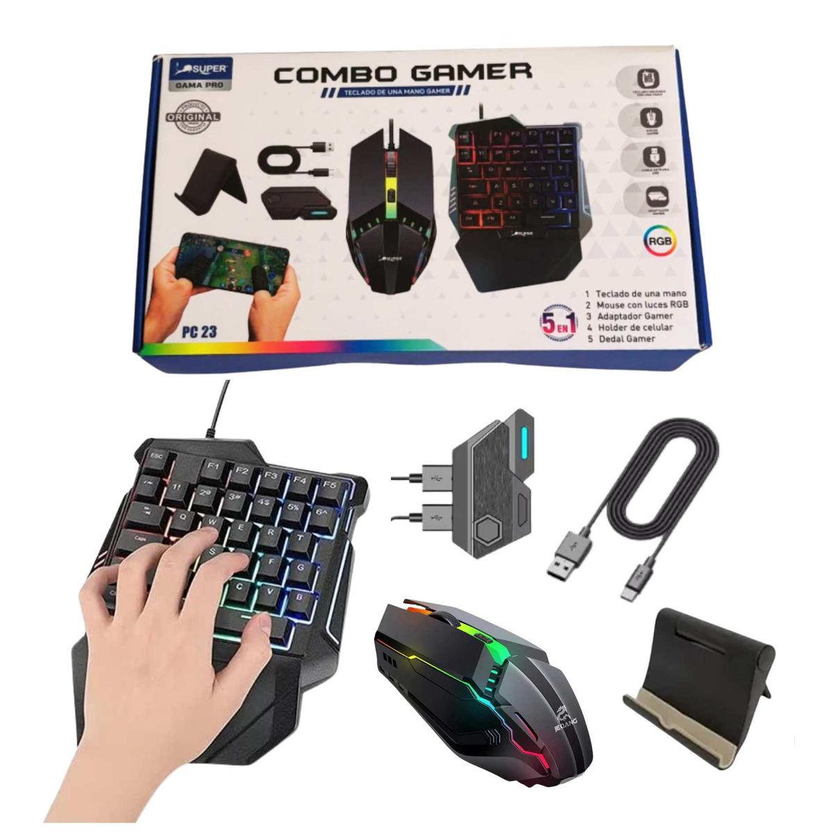 SEISA - Kit Teclado y Mouse Gamer Bluetooth 4 en 1 con Adaptador para Celular RGB