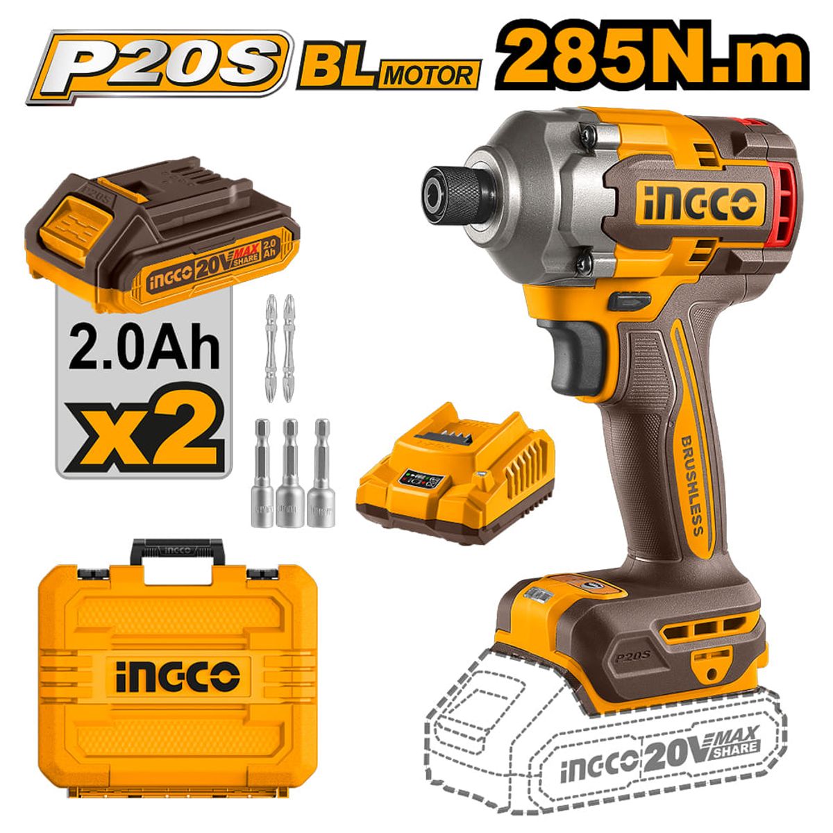INGCO TOOLS - ATORNILLADOR DE IMPACTO BRUSHLESS INGCO 20V 285NM + 2 Baterías 2.0AH CIRLI2028