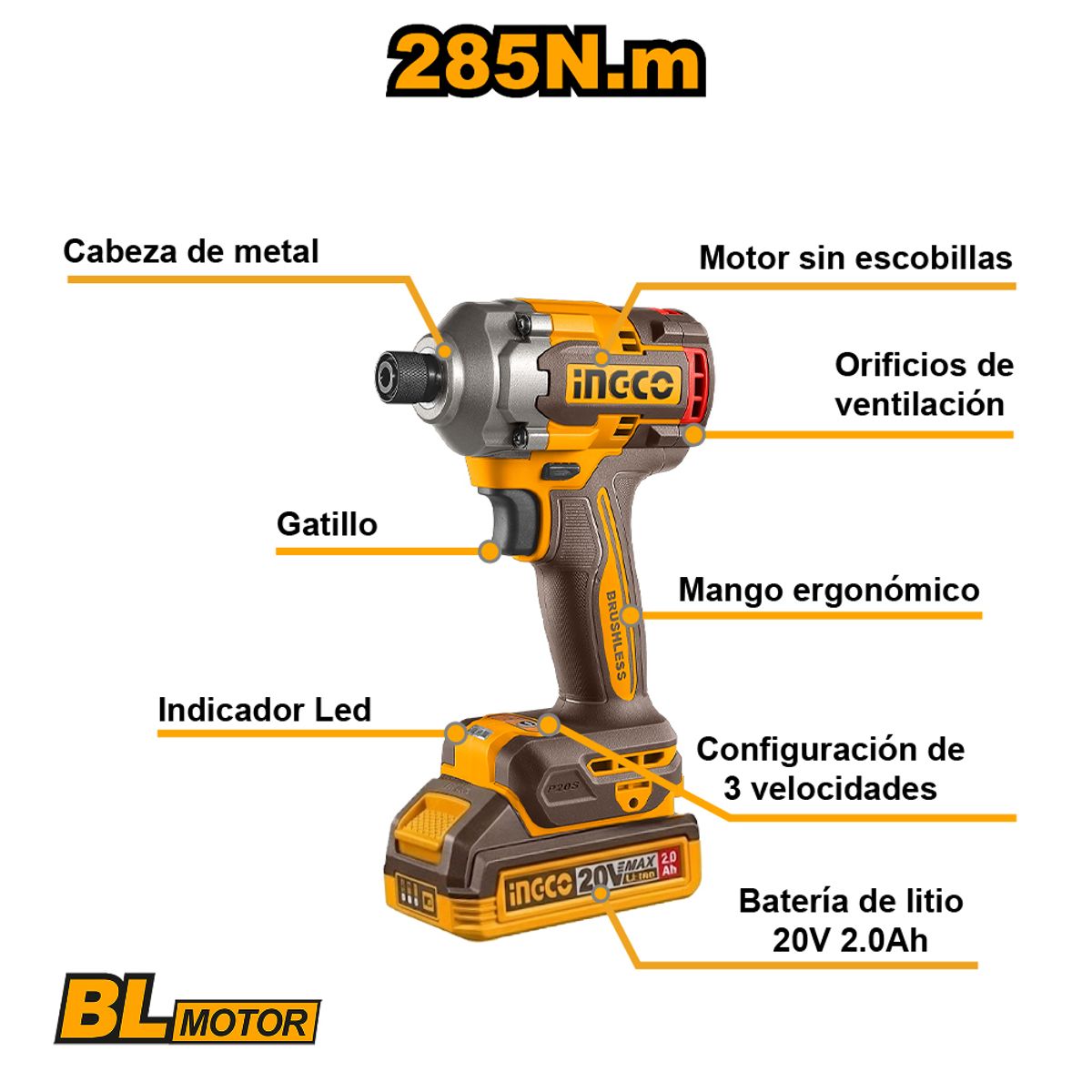 INGCO TOOLS - ATORNILLADOR DE IMPACTO BRUSHLESS INGCO 20V 285NM + 2 Baterías 2.0AH CIRLI2028