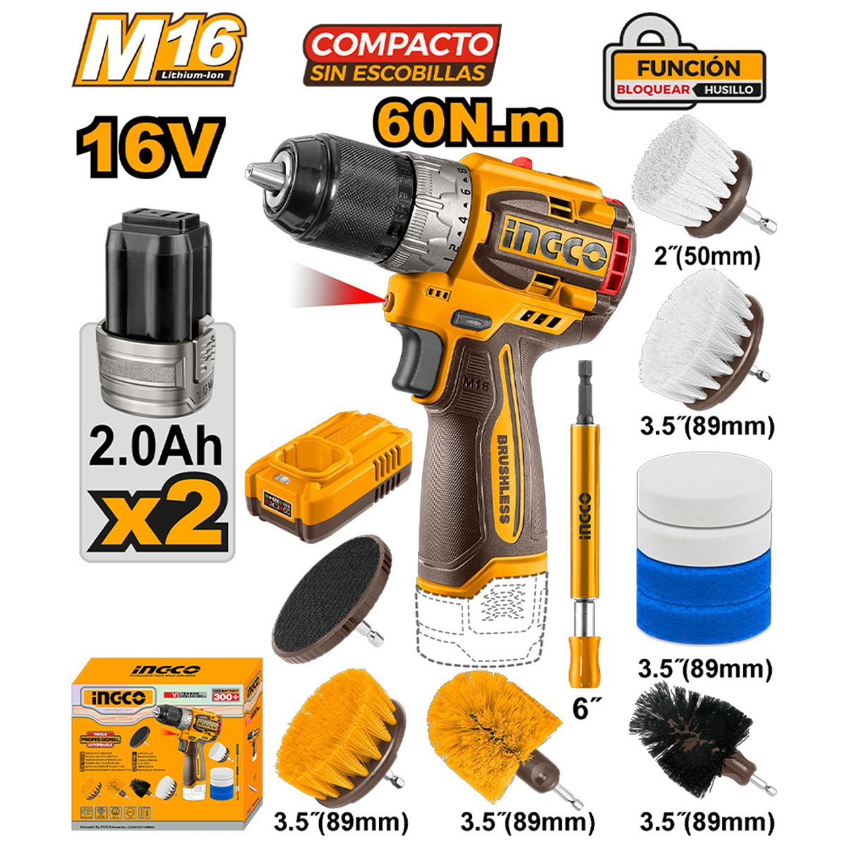 INGCO TOOLS - TALADRO ATORNILLADOR INALÁMBRICO 16V 60NM + 2 BATERÍAS 2.0AH + CEPILLOS DE LIMPIEZA COSLI240786
