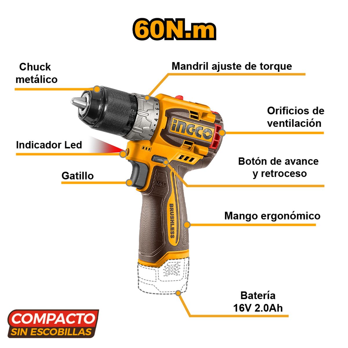 INGCO TOOLS - TALADRO ATORNILLADOR INALÁMBRICO 16V 60NM + 2 BATERÍAS 2.0AH + CEPILLOS DE LIMPIEZA COSLI240786